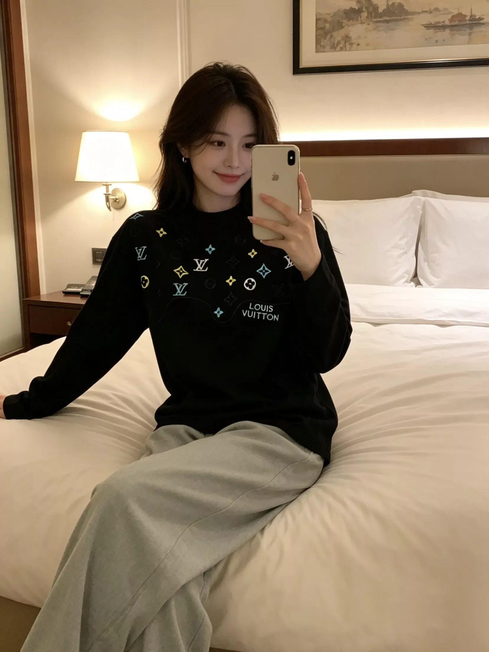 루이비통 자수 루즈핏 남녀공용 긴소매 티셔츠 상세 이미지 14