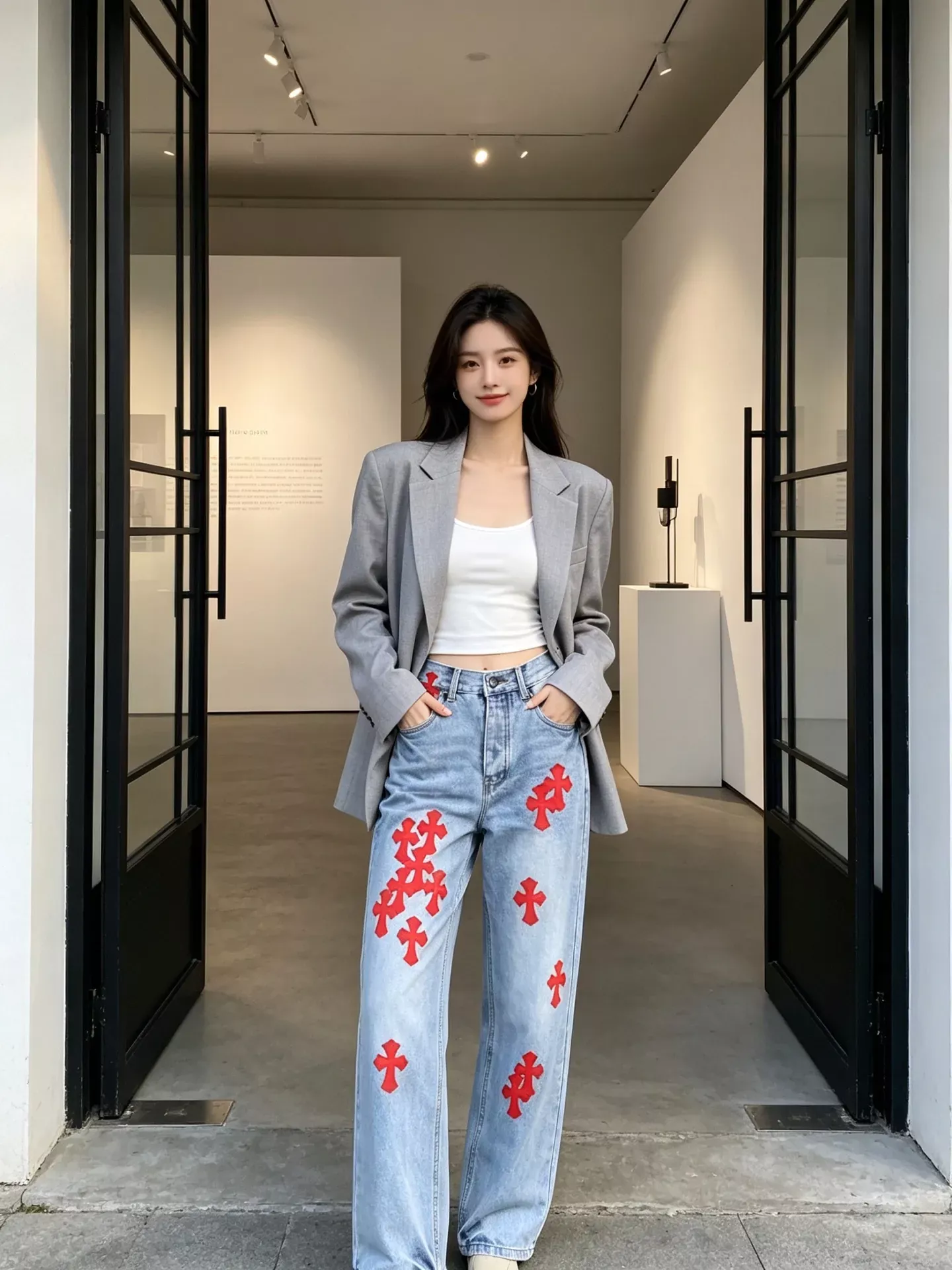 크롬하츠 십자가 패치 자수 워싱 남녀공용 데님 팬츠 상세 이미지 16