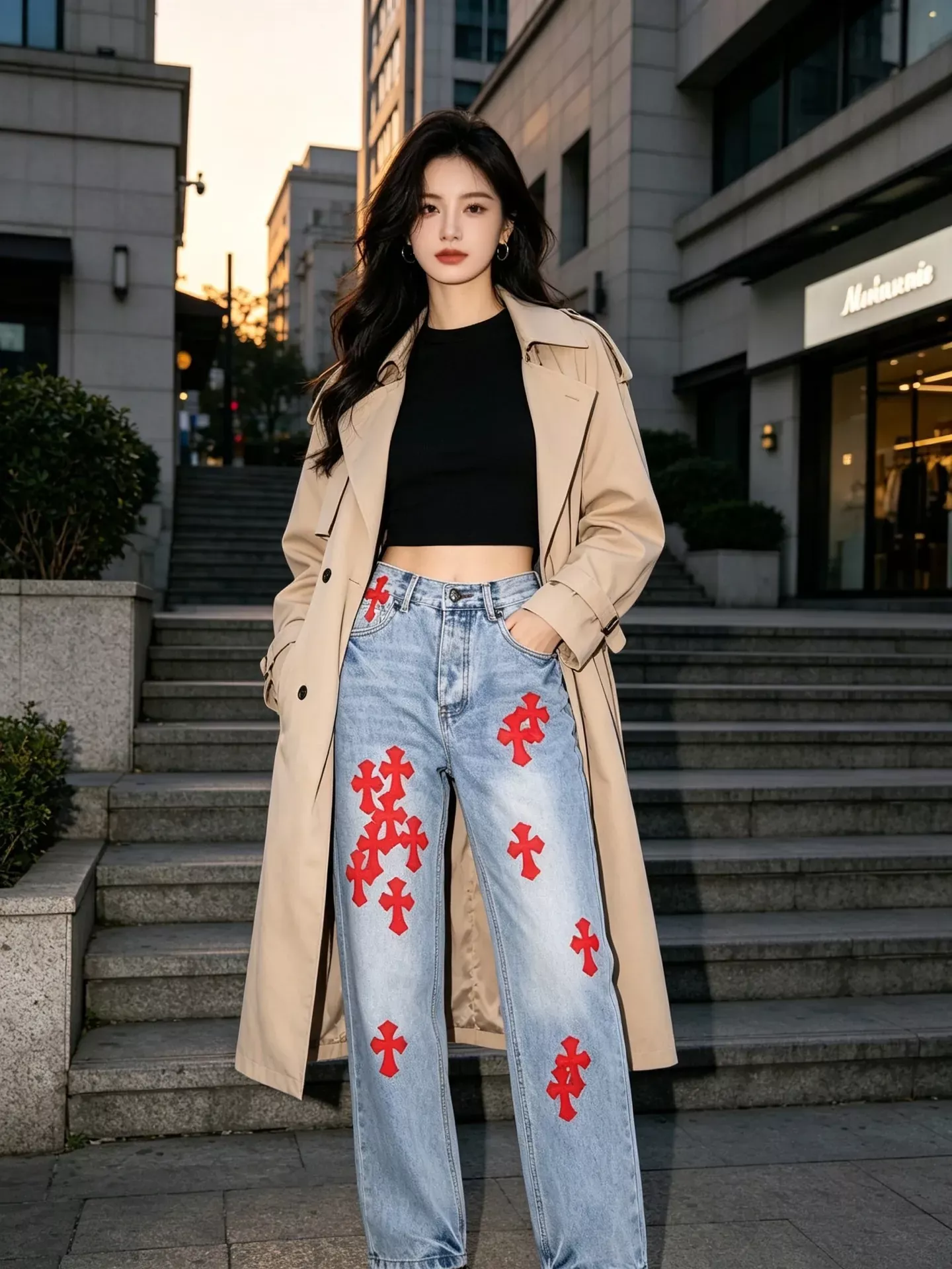 크롬하츠 십자가 패치 자수 워싱 남녀공용 데님 팬츠 상세 이미지 18