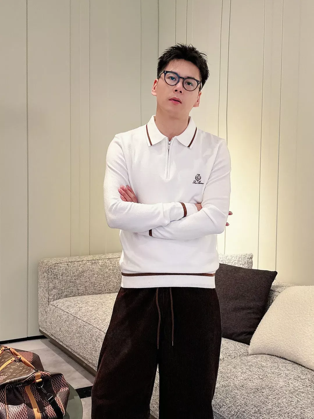 로로피아나 스트라이프 배색 카라 남녀공용 긴소매 니트 상세 이미지 19