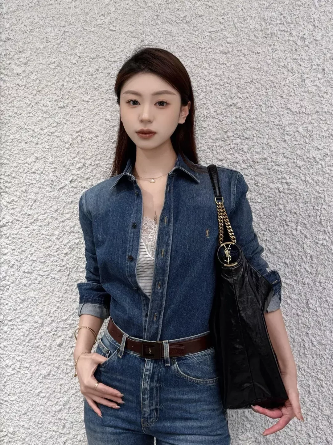 입생로랑 워싱 그라데이션 자수 여성용 긴소매 데님 셔츠 상세 이미지 18