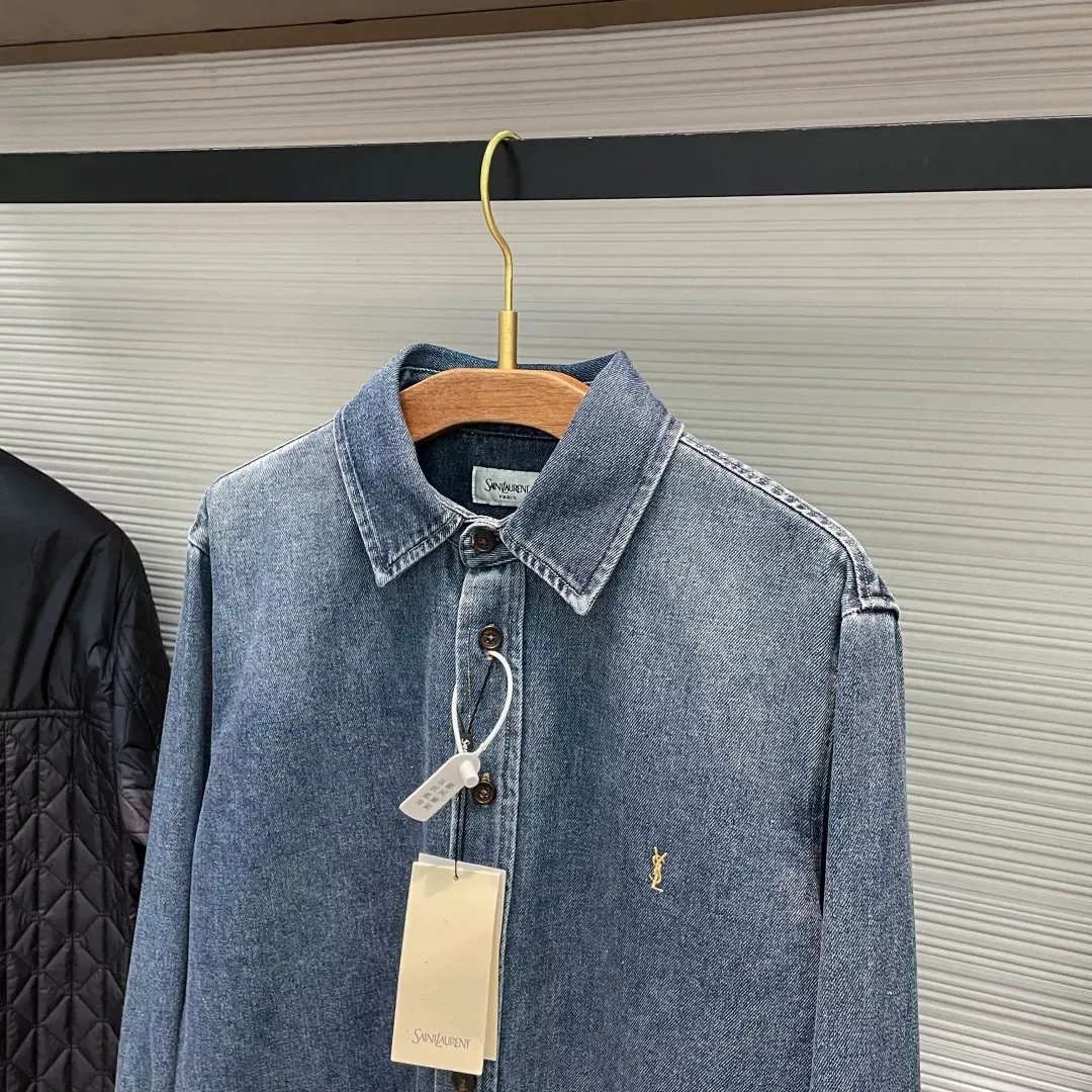 입생로랑 워싱 그라데이션 자수 여성용 긴소매 데님 셔츠 상세 이미지 3
