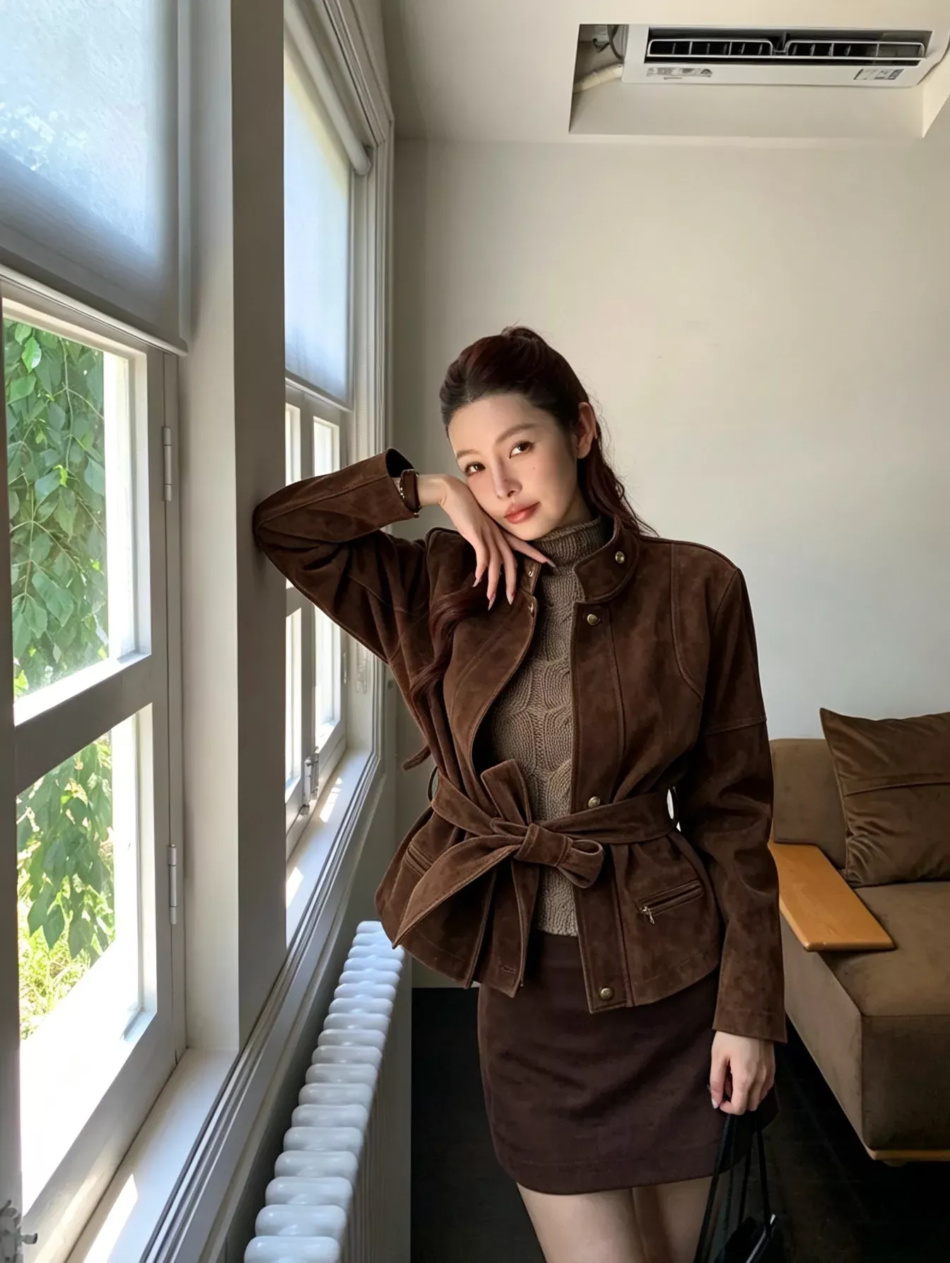 셀린느 스웨이드 벨트 장식 여성용 가죽 재킷 상세 이미지 11