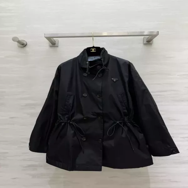 프라다 블랙 스트링 더블버튼 여성용 하프 코트