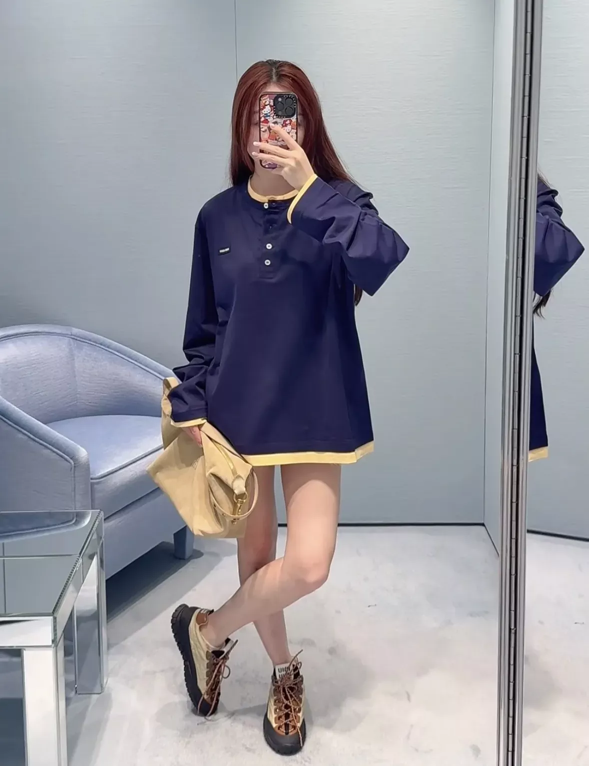미우미우 헨리넥 레이어드 여성용 긴소매 티셔츠 상세 이미지 17