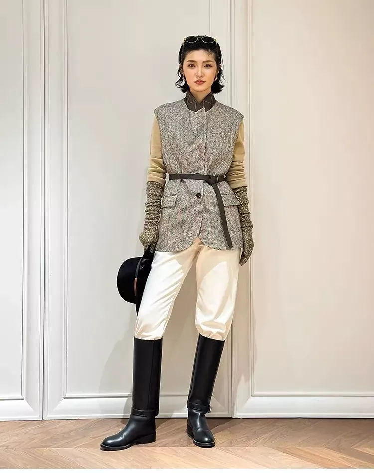 브루넬로쿠치넬리 체크 울 버튼 벨트 여성용 버튼 조끼 상세 이미지 27