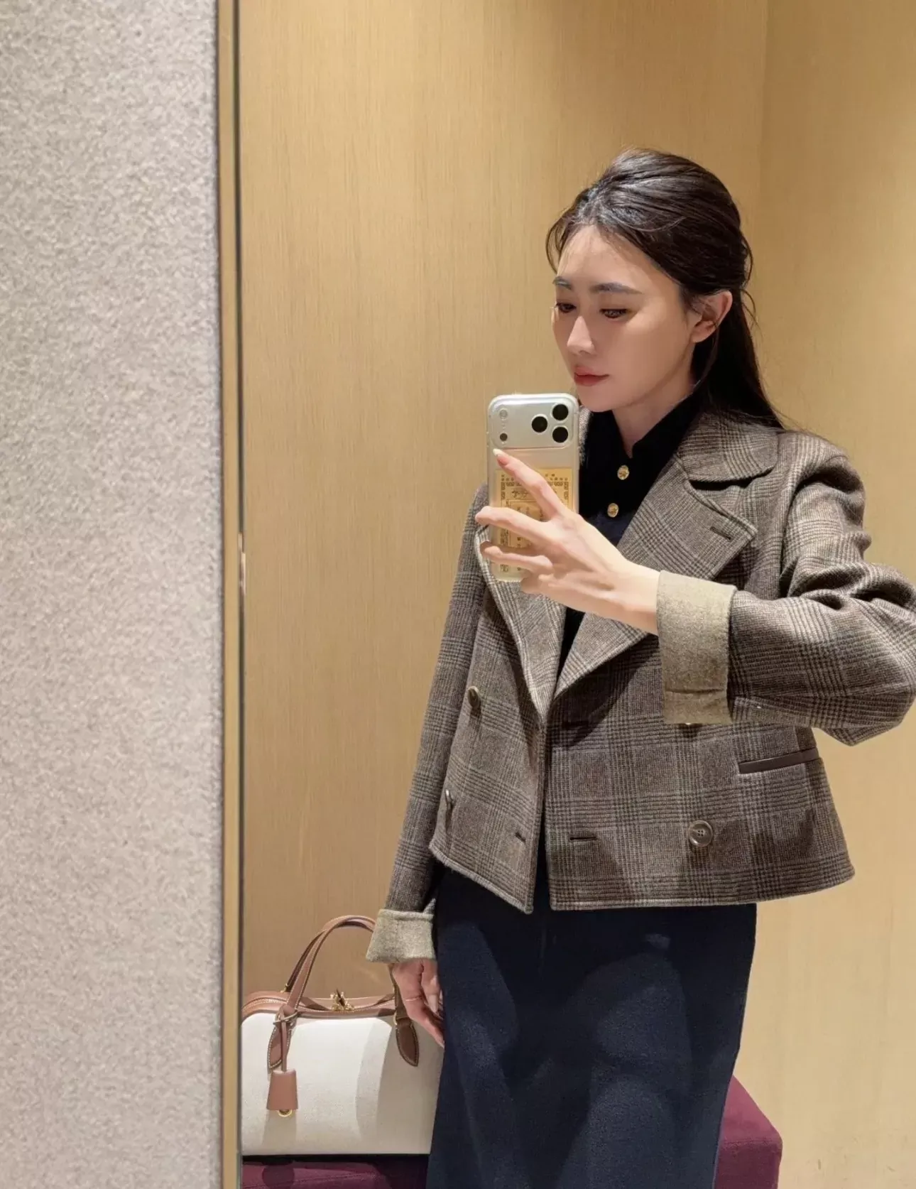 로로피아나 체크 울 실크 혼방 여성용 쇼트 코트 상세 이미지 83