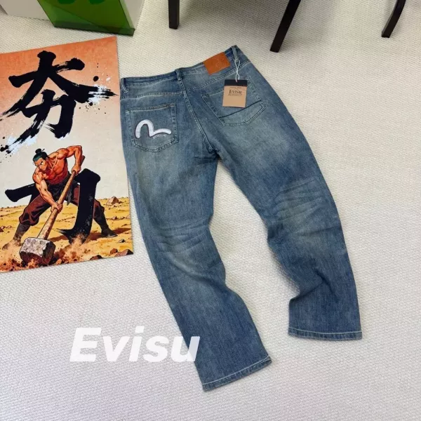 에비수 해鸥 자수 워싱 남녀공용 데님 팬츠