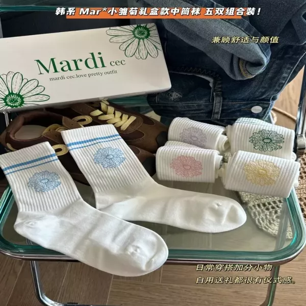 마르디메크르디 플라워 자수 리브 여성용 장목 양말