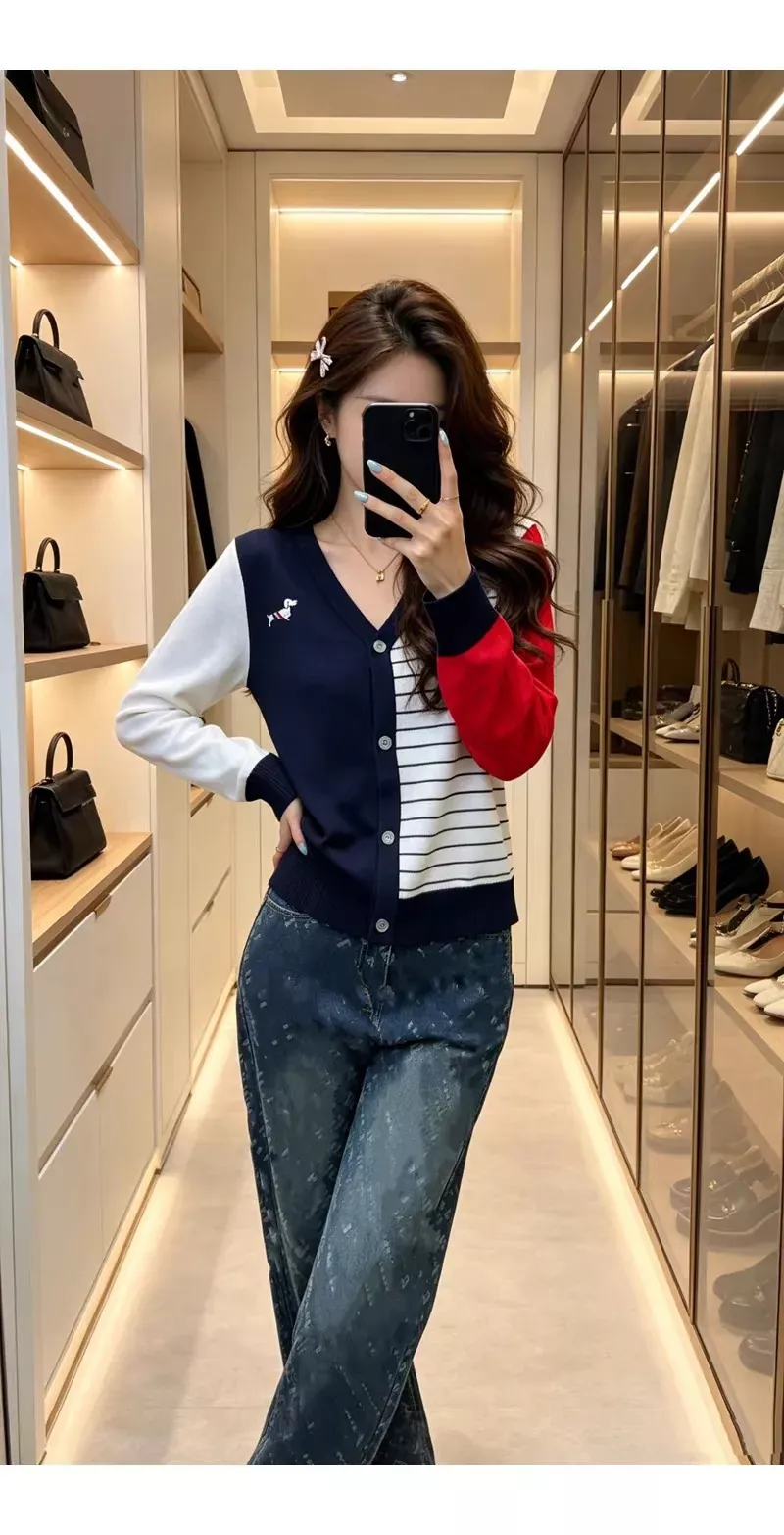 톰브라운 비대칭 배색 브이넥 여성용 긴소매 가디건 상세 이미지 10
