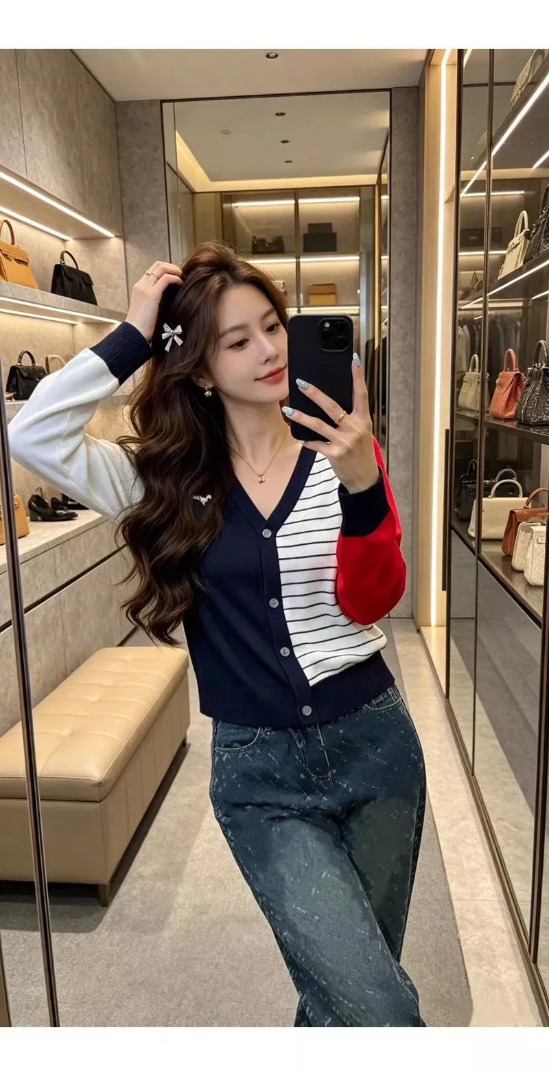 톰브라운 비대칭 배색 브이넥 여성용 긴소매 가디건 상세 이미지 12