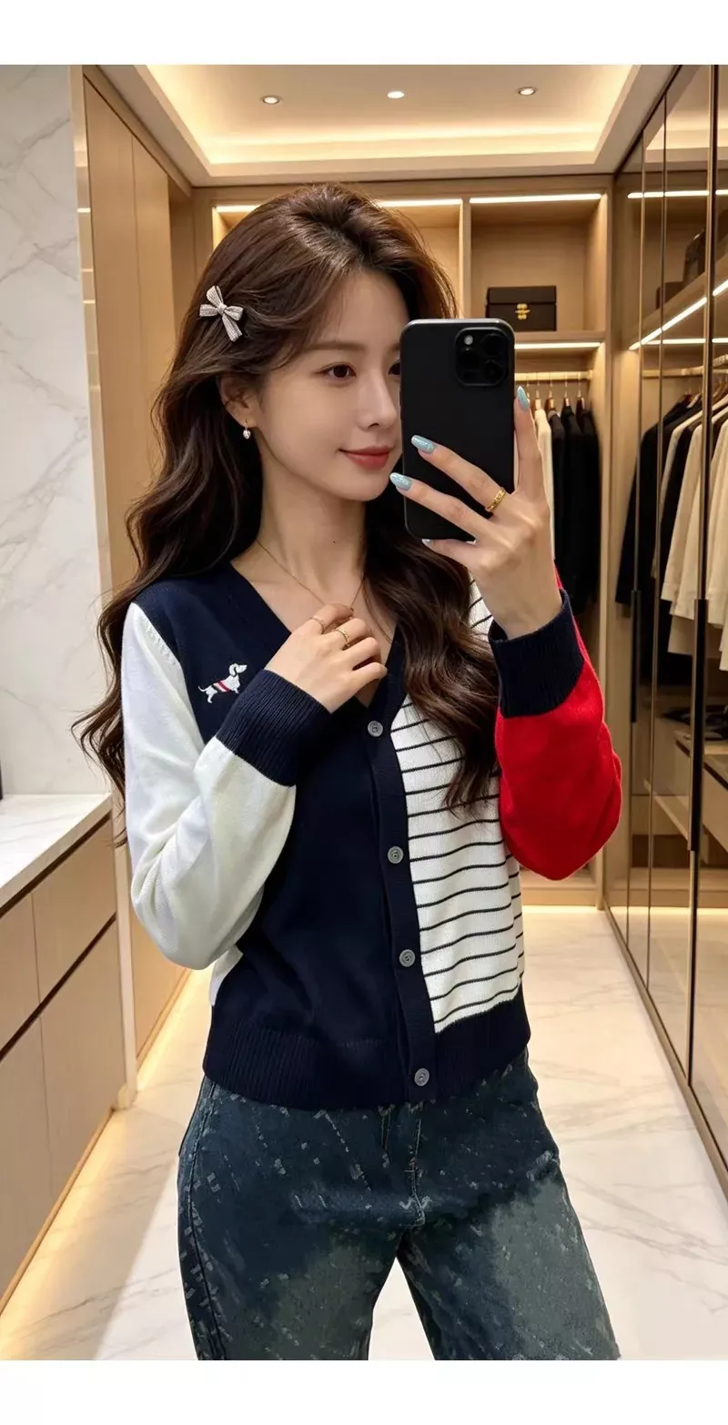 톰브라운 비대칭 배색 브이넥 여성용 긴소매 가디건 상세 이미지 13