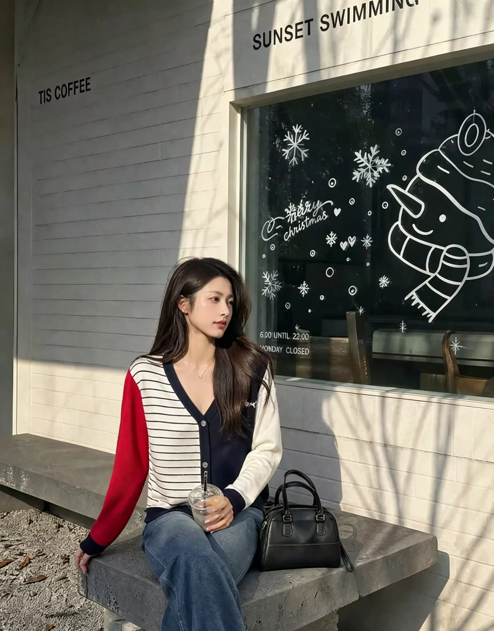 톰브라운 비대칭 배색 브이넥 여성용 긴소매 가디건 상세 이미지 14