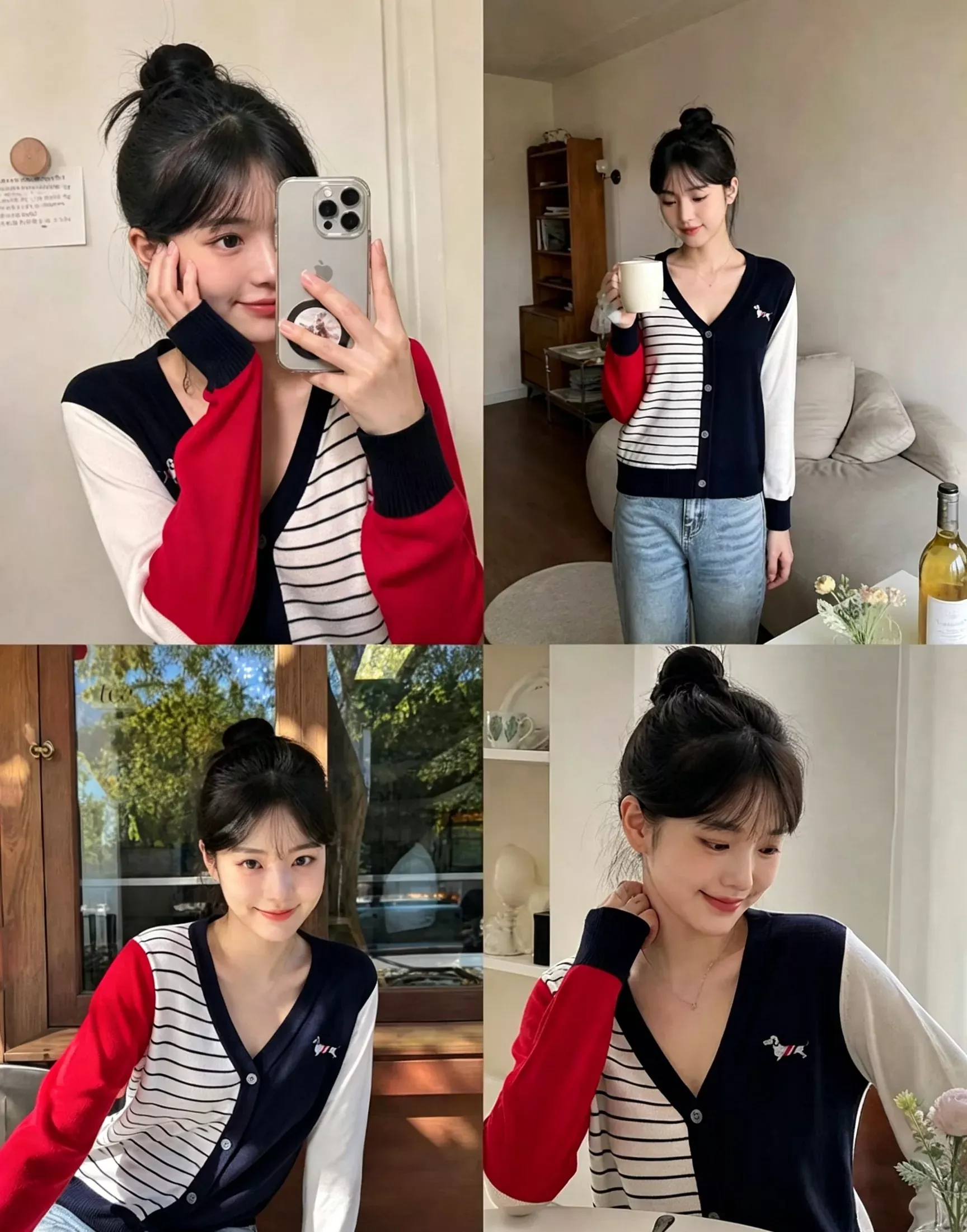 톰브라운 비대칭 배색 브이넥 여성용 긴소매 가디건 상세 이미지 15