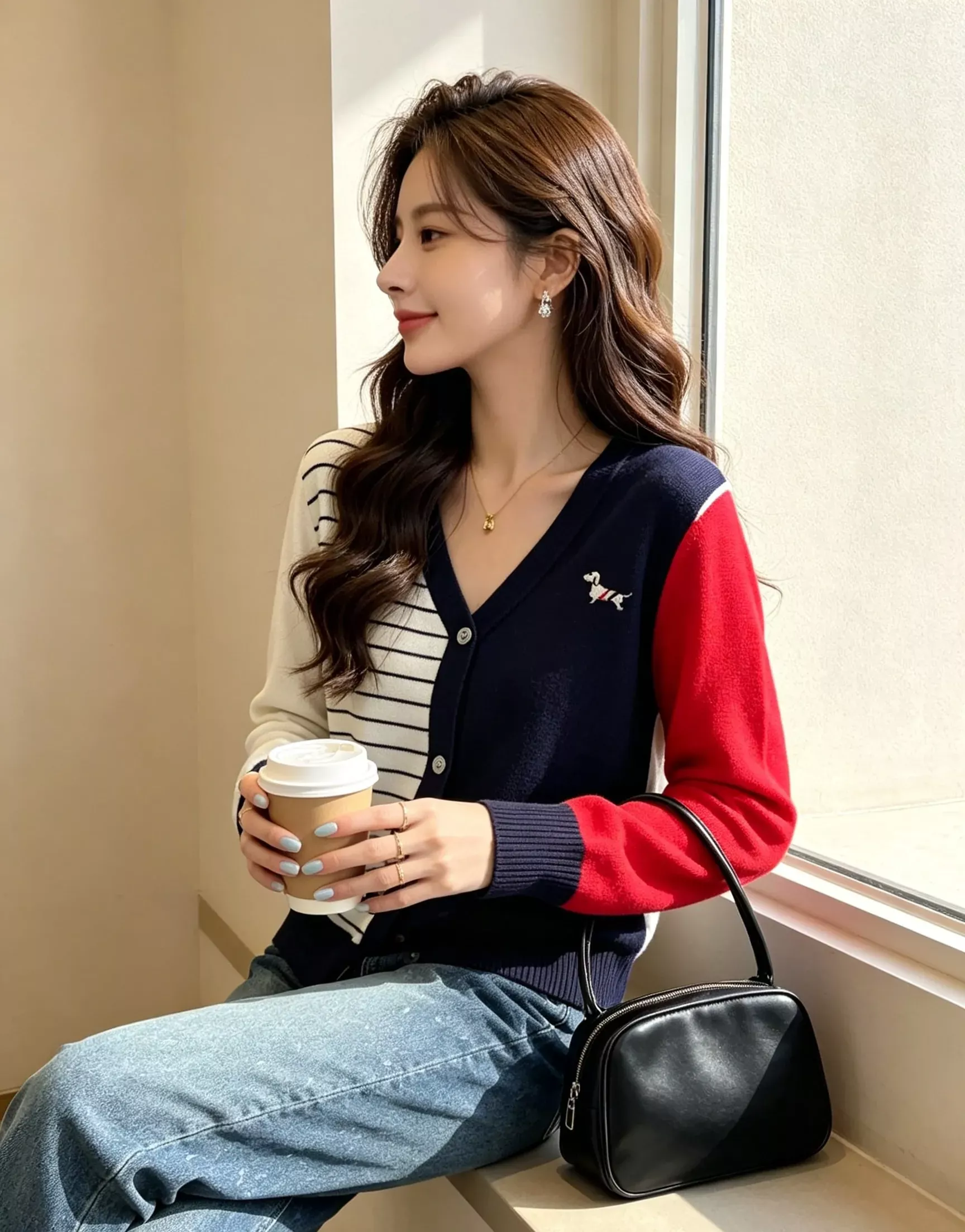 톰브라운 비대칭 배색 브이넥 여성용 긴소매 가디건 상세 이미지 18