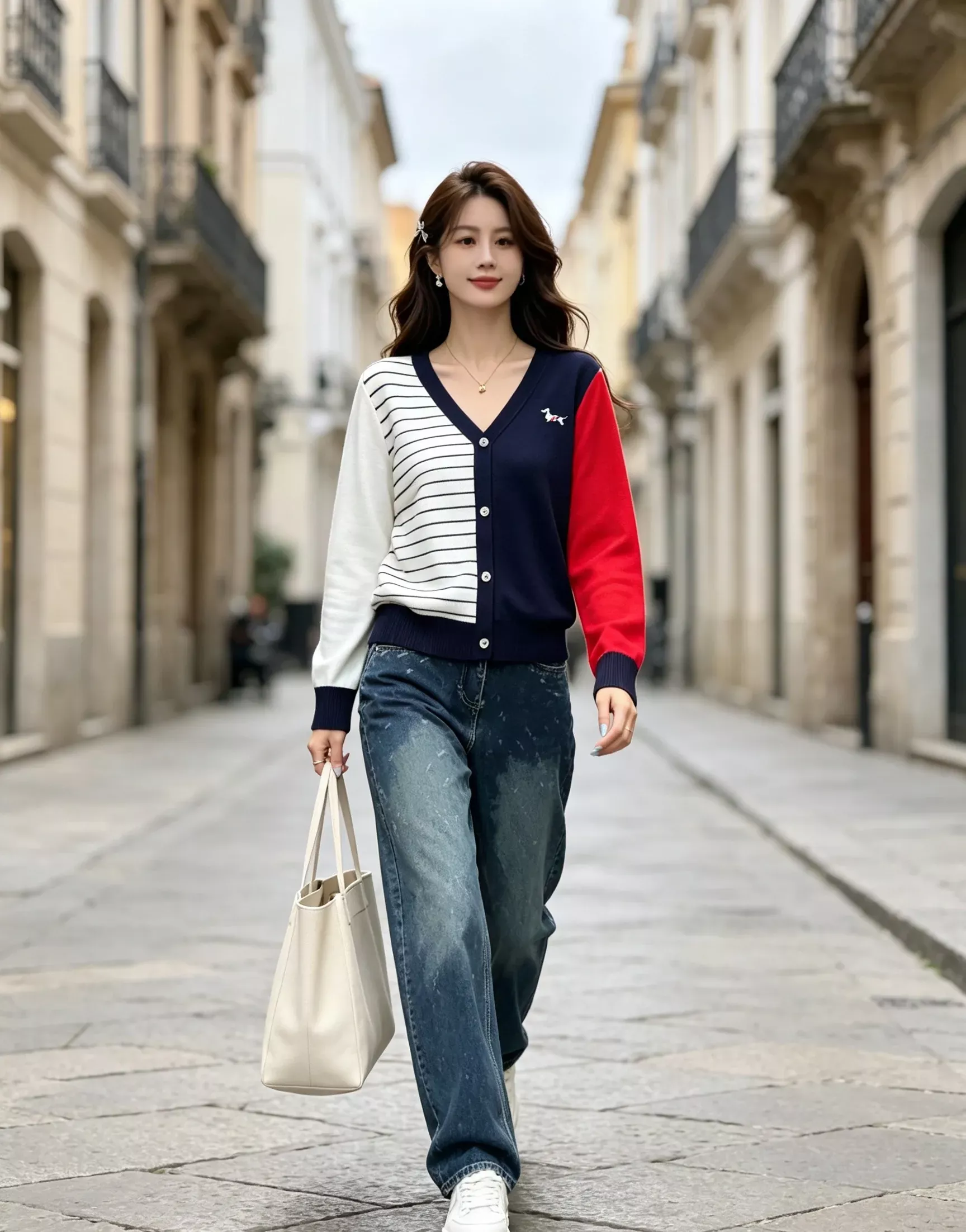톰브라운 비대칭 배색 브이넥 여성용 긴소매 가디건 상세 이미지 19