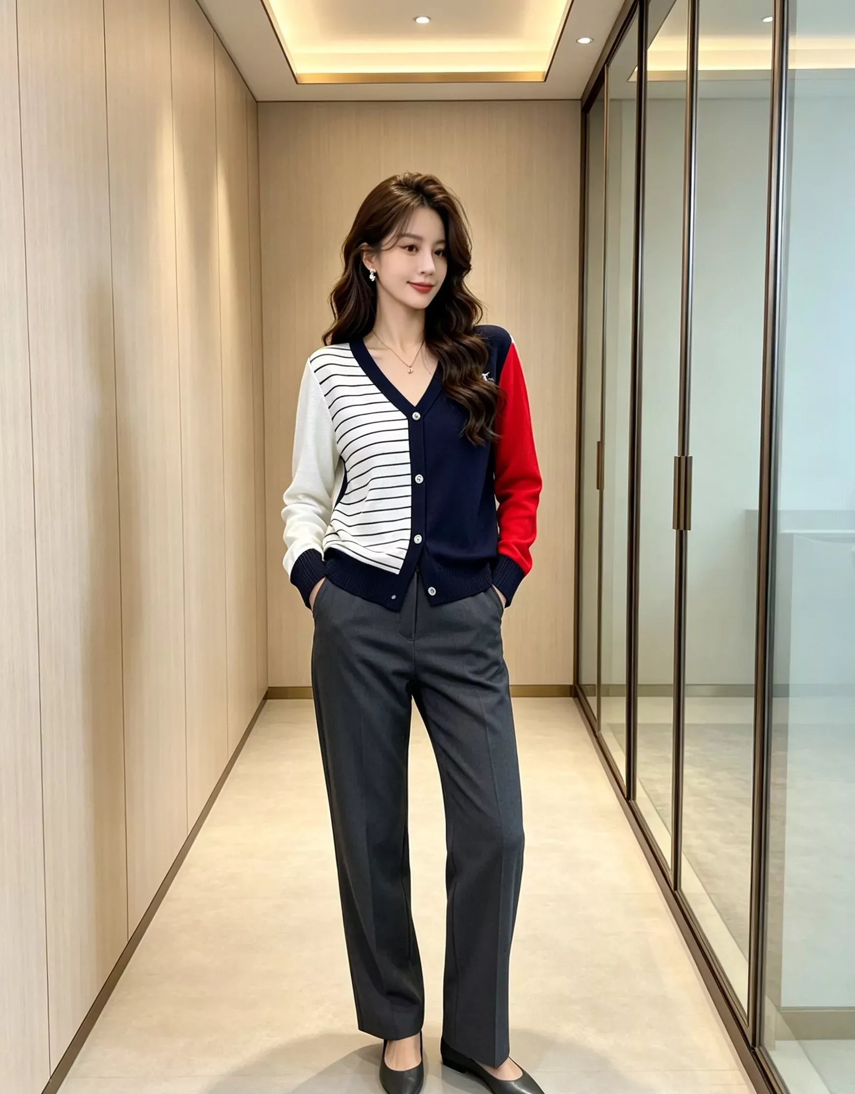 톰브라운 비대칭 배색 브이넥 여성용 긴소매 가디건 상세 이미지 20
