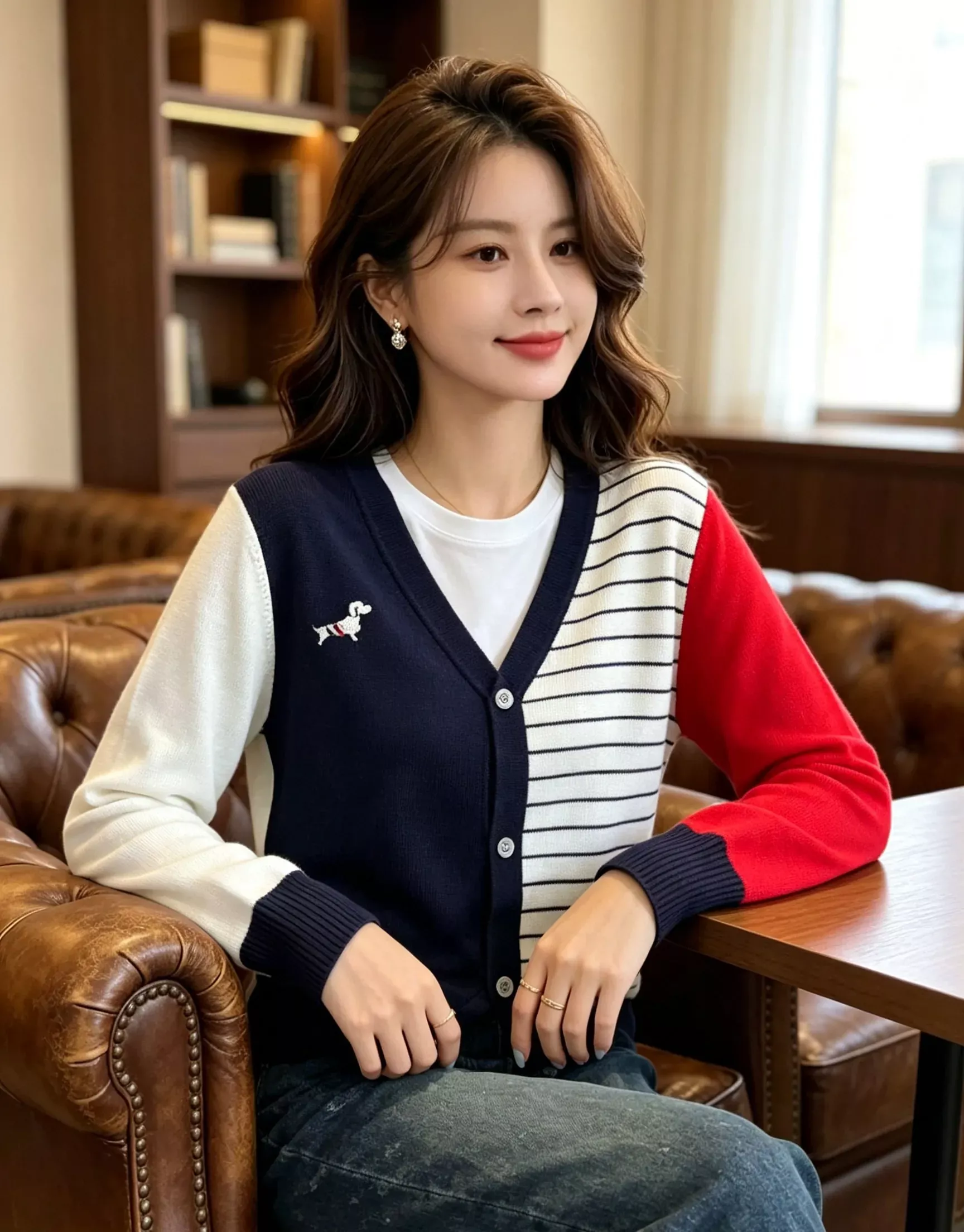 톰브라운 비대칭 배색 브이넥 여성용 긴소매 가디건 상세 이미지 24