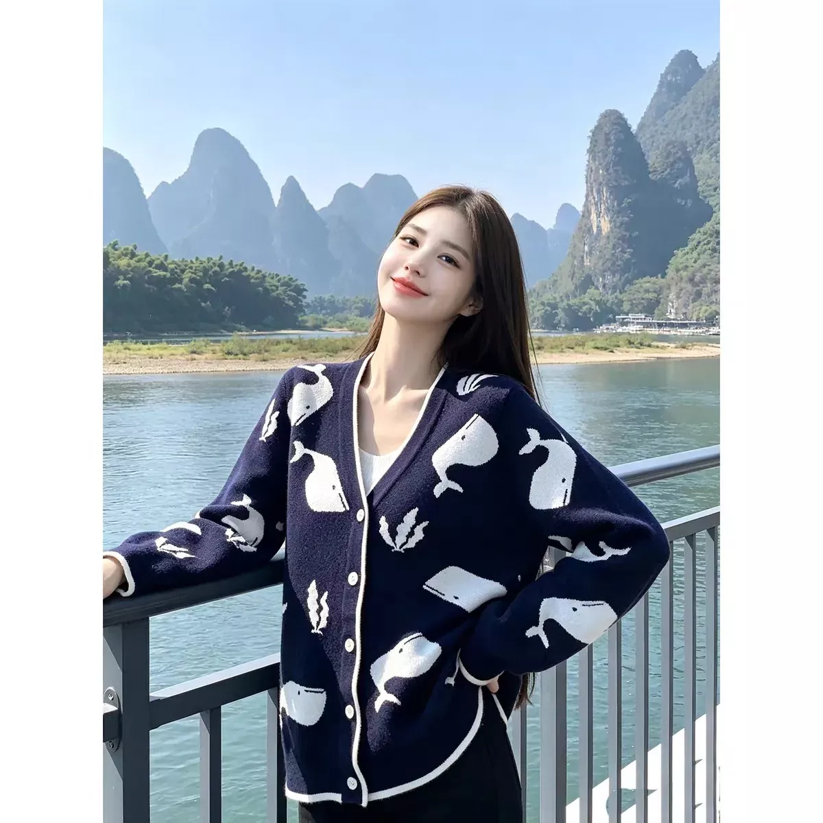 톰브라운 고래 자카드 브이넥 여성용 긴소매 가디건 상세 이미지 28
