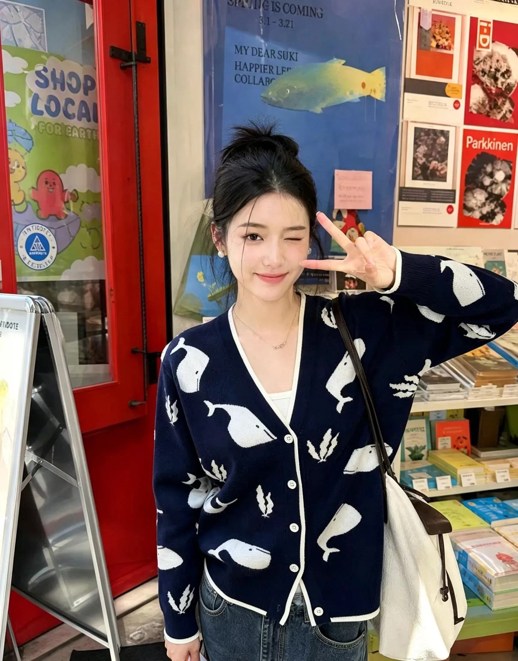톰브라운 고래 자카드 브이넥 여성용 긴소매 가디건 상세 이미지 42