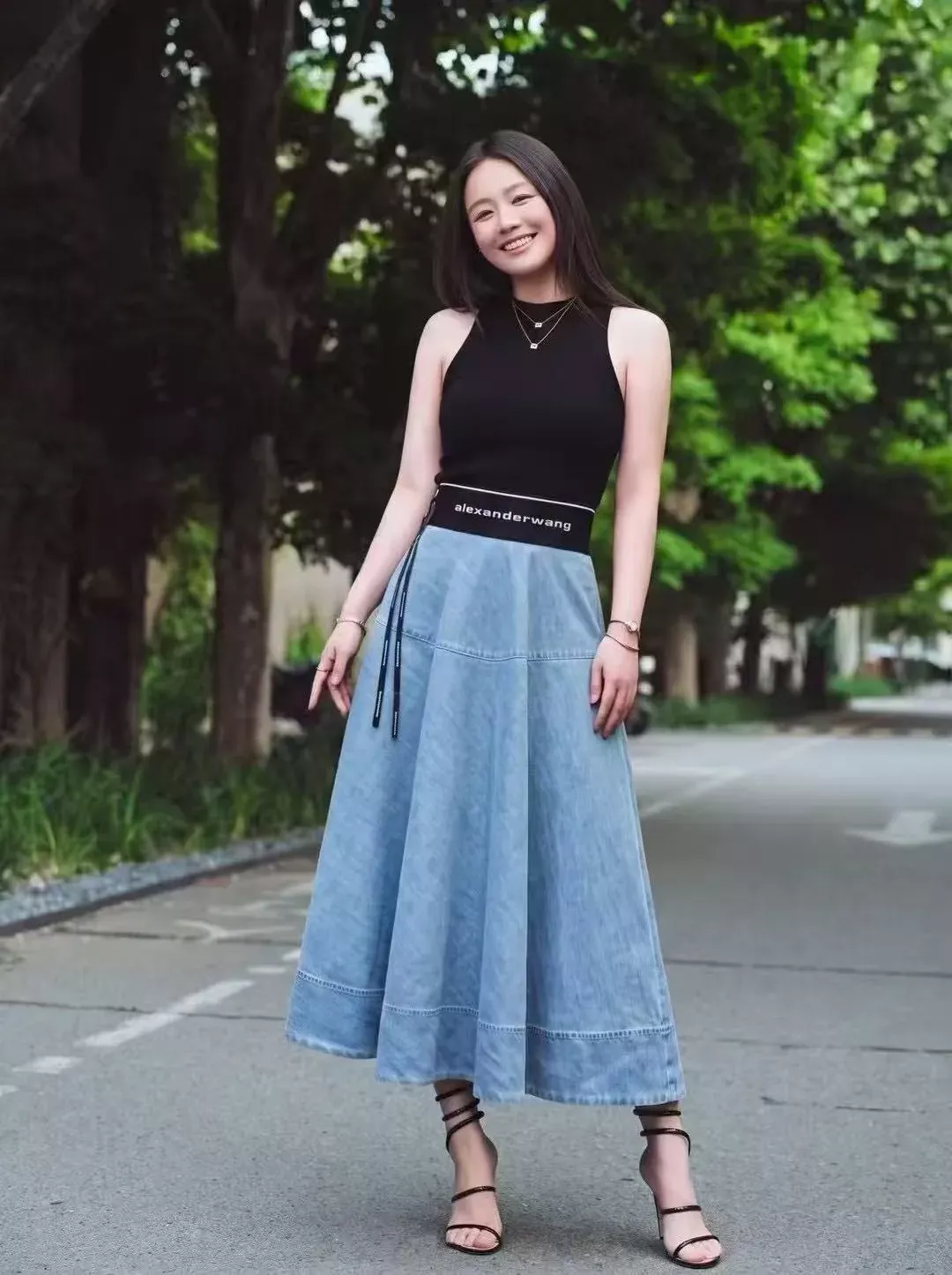 알렉산더왕 로고 밴드 워싱 데님 여성용 롱 스커트 상세 이미지 11