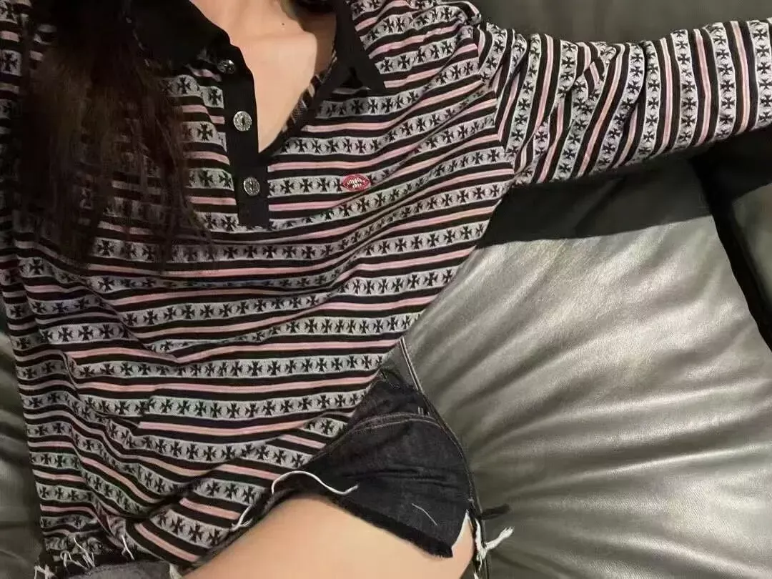 크롬하츠 자수 스트라이프 여성용 긴소매 티셔츠 상세 이미지 10