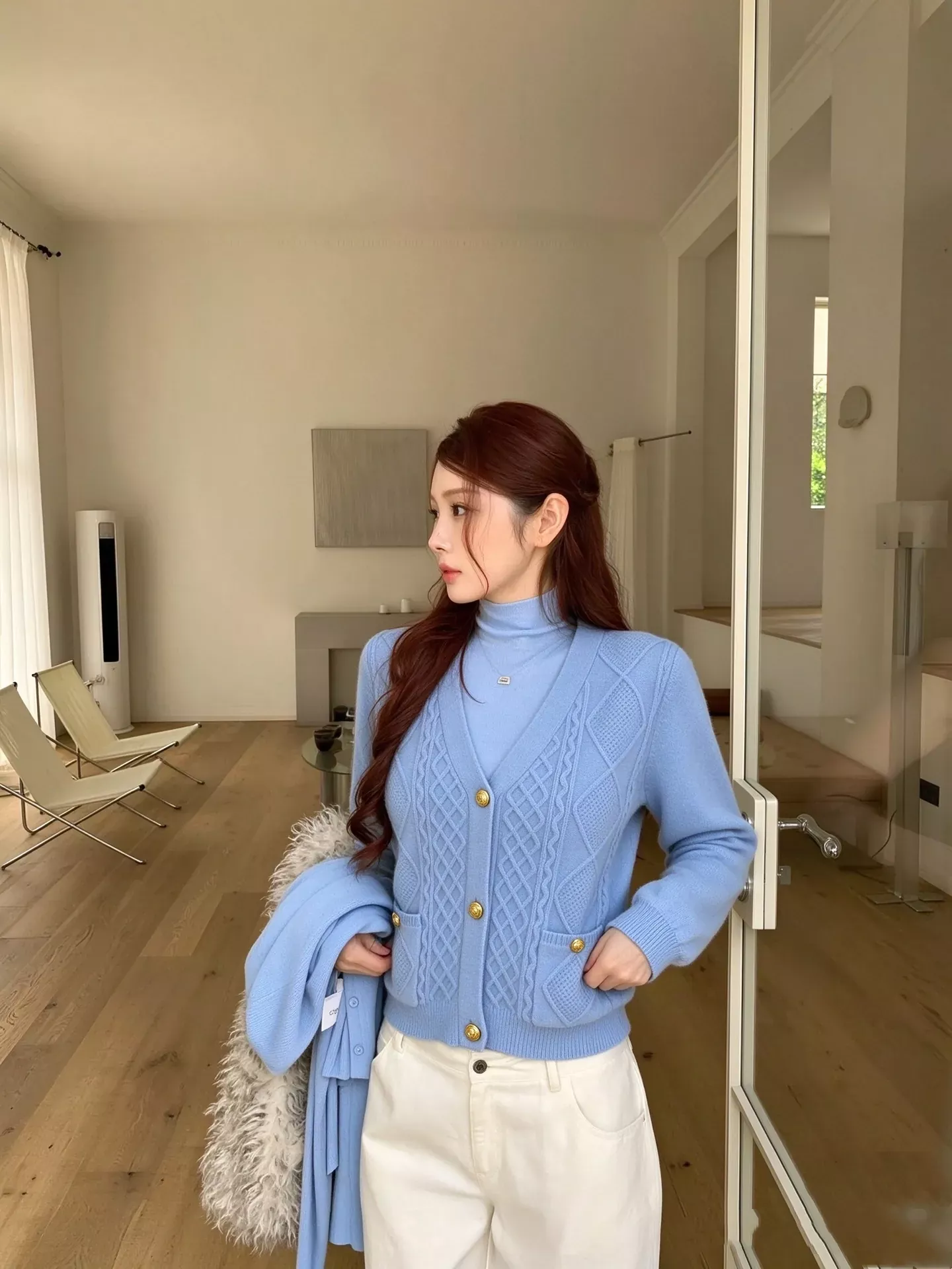 샤넬 꽈배기 니트 탑 가디건 여성용 긴소매 가디건 상세 이미지 10