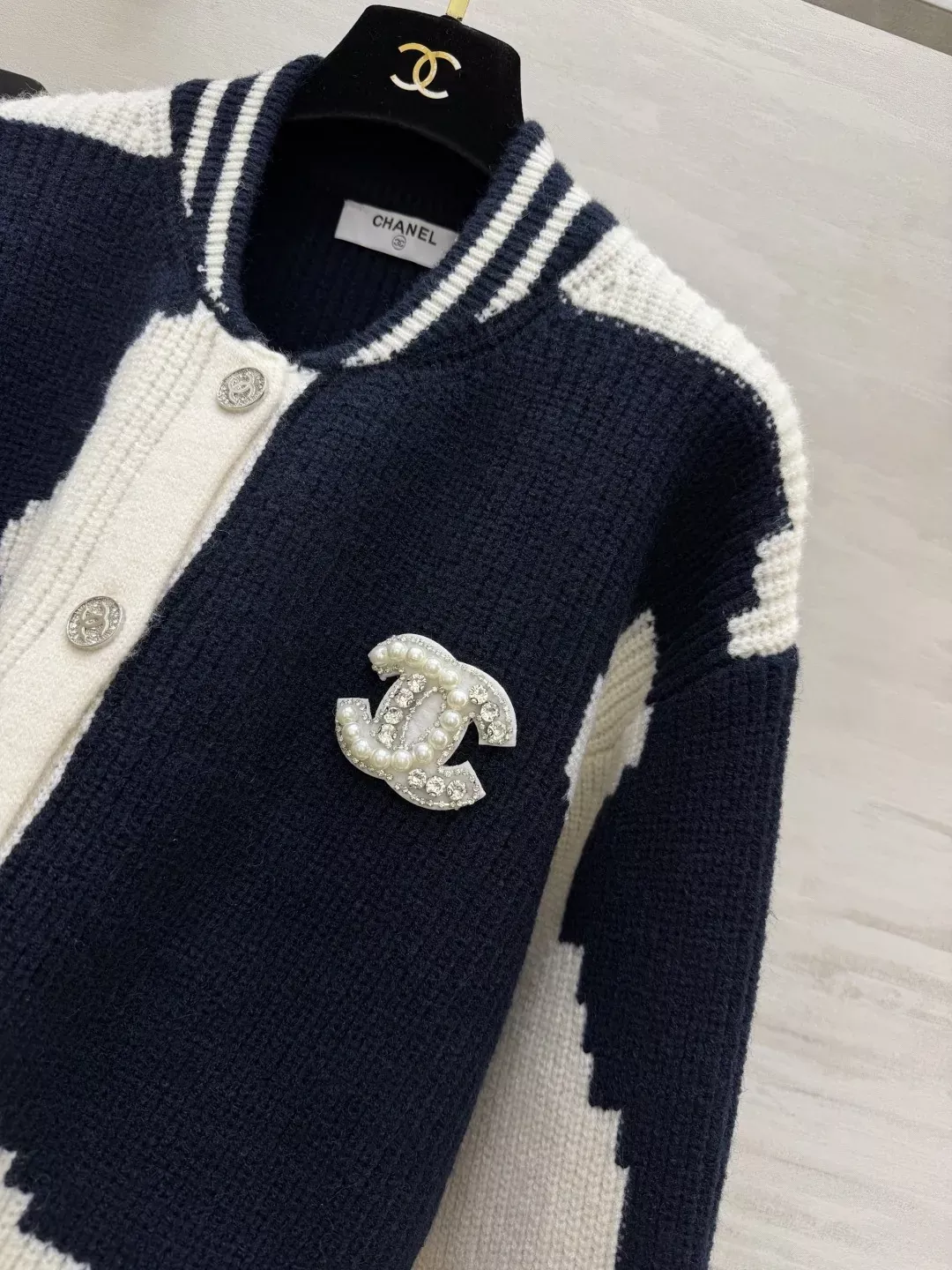 샤넬 배색 자카드 울 니트 여성용 긴소매 가디건 상세 이미지 18