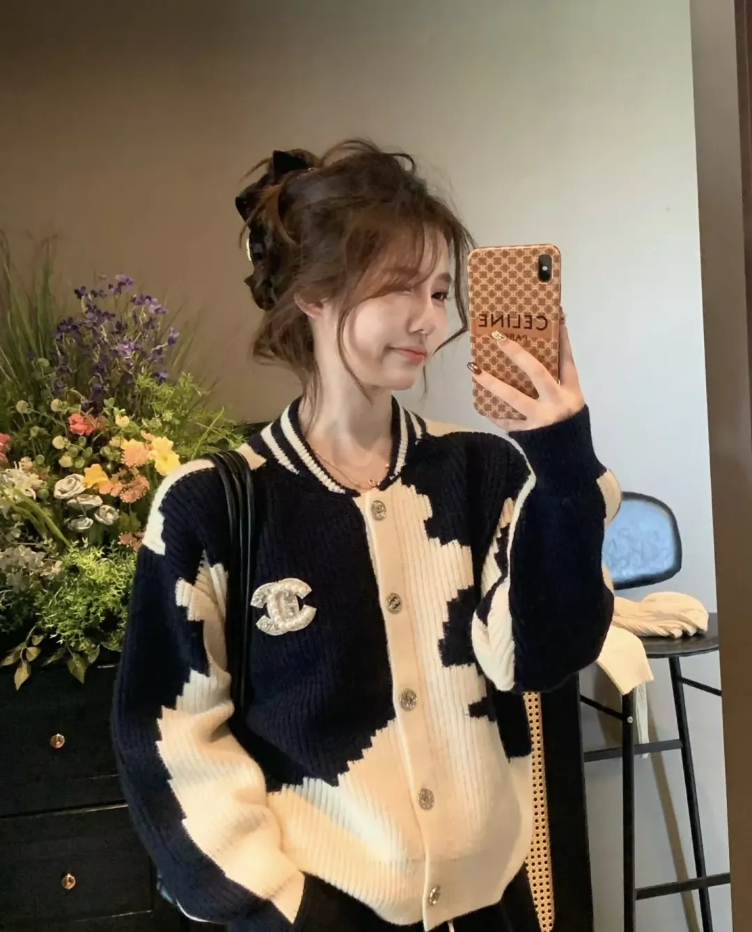 샤넬 배색 자카드 울 니트 여성용 긴소매 가디건 상세 이미지 29