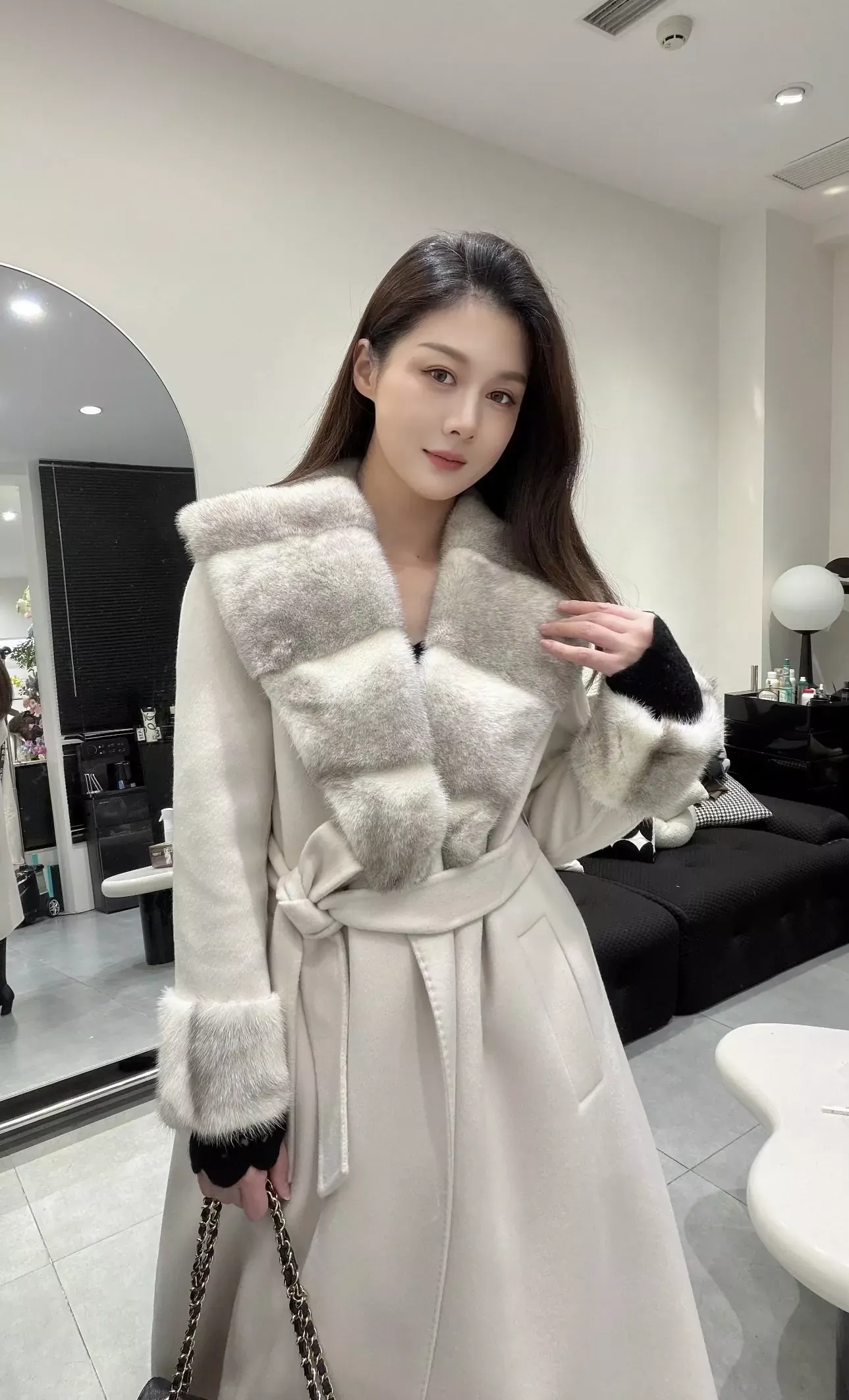 로로피아나 밍크 숄 칼라 캐시미어 여성용 롱 코트 상세 이미지 109