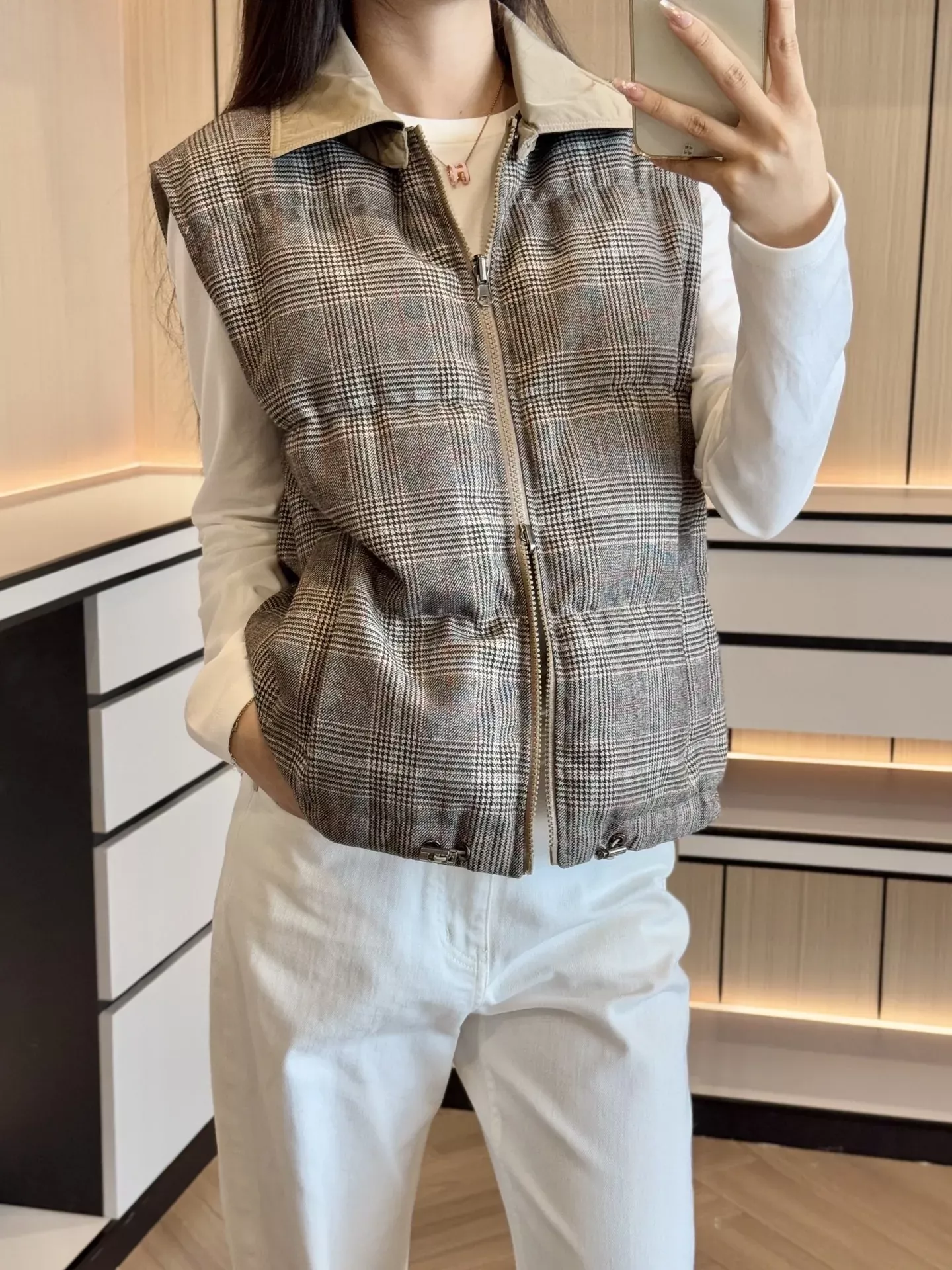 브루넬로쿠치넬리 양면 체크 울 여성용 패딩 조끼 상세 이미지 93