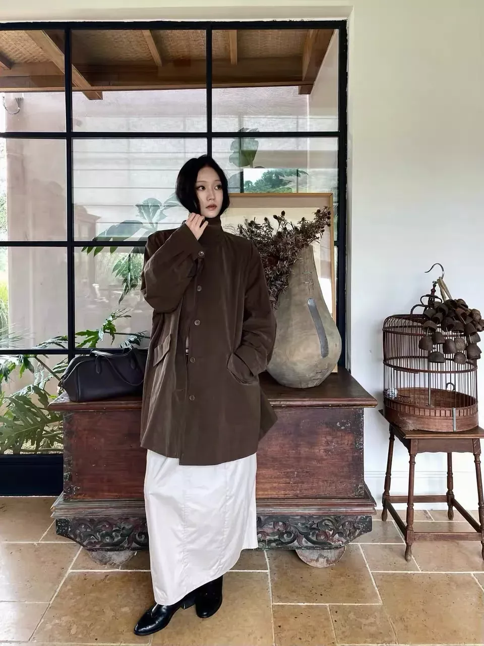 더로우 스탠드칼라 A라인 여성용 하프 코트 상세 이미지 73