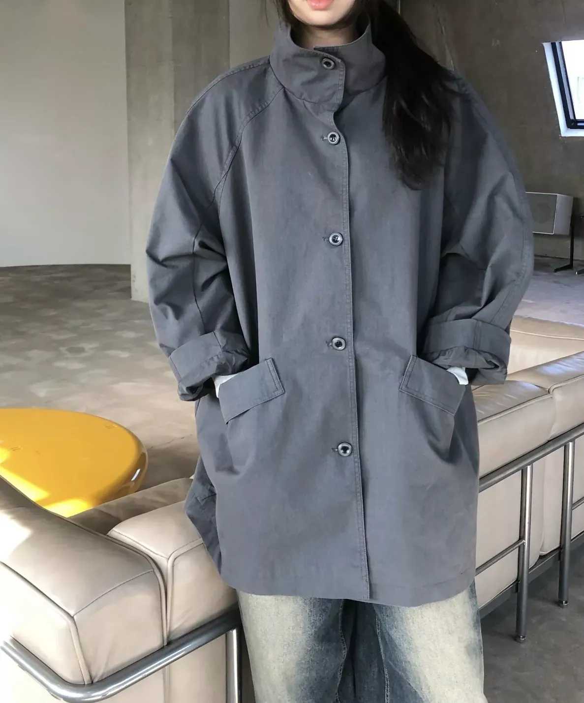 더로우 스탠드칼라 A라인 여성용 하프 코트 상세 이미지 75