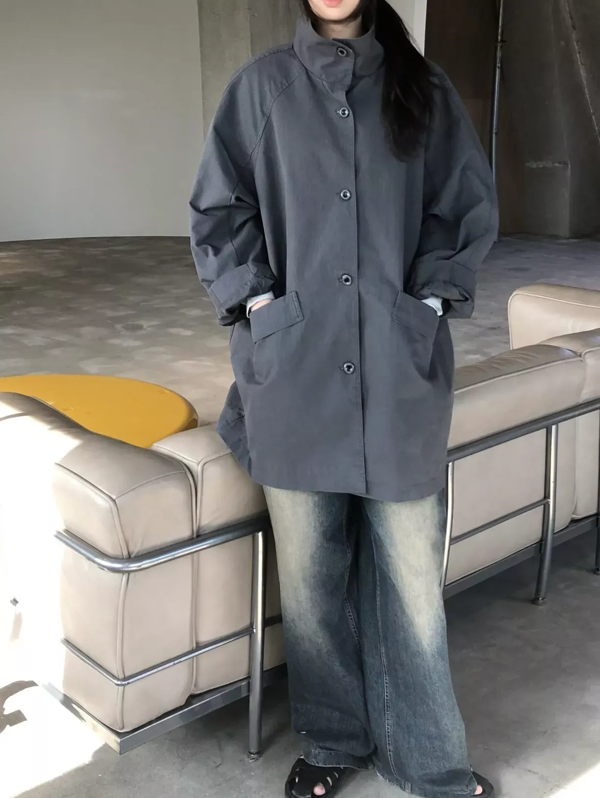 더로우 스탠드칼라 A라인 여성용 하프 코트 상세 이미지 76