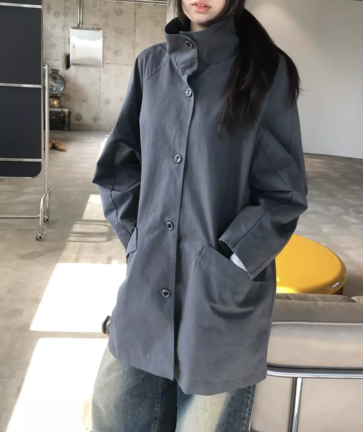 더로우 스탠드칼라 A라인 여성용 하프 코트 상세 이미지 77
