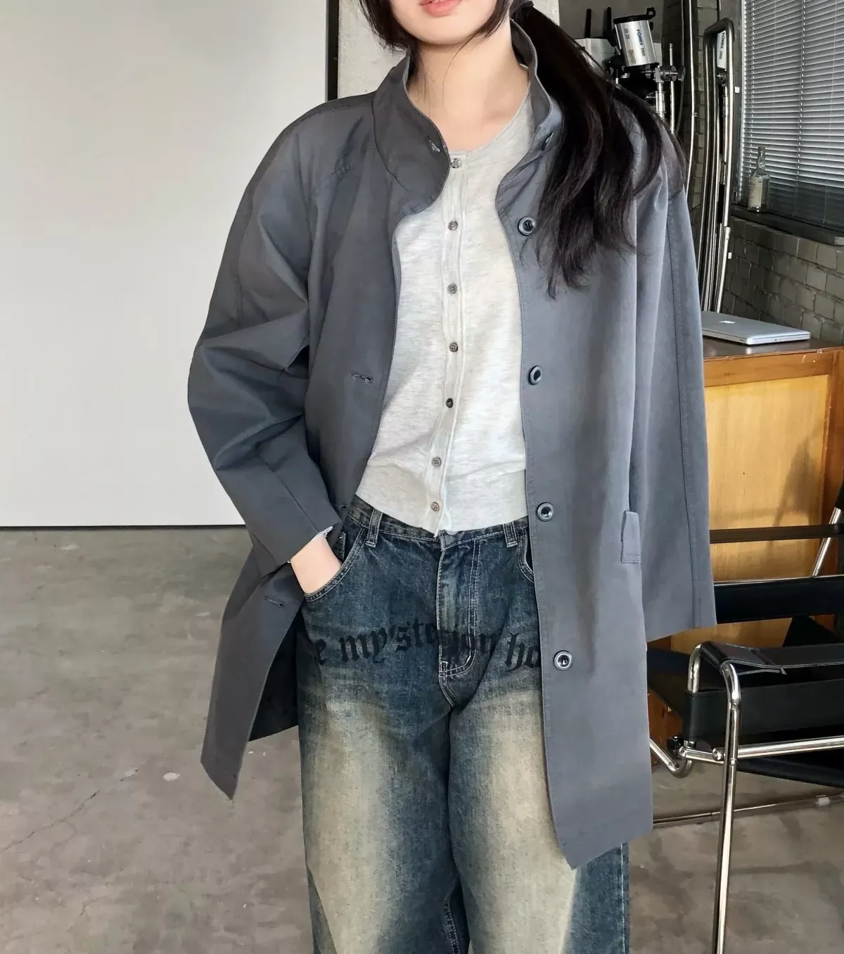 더로우 스탠드칼라 A라인 여성용 하프 코트 상세 이미지 78