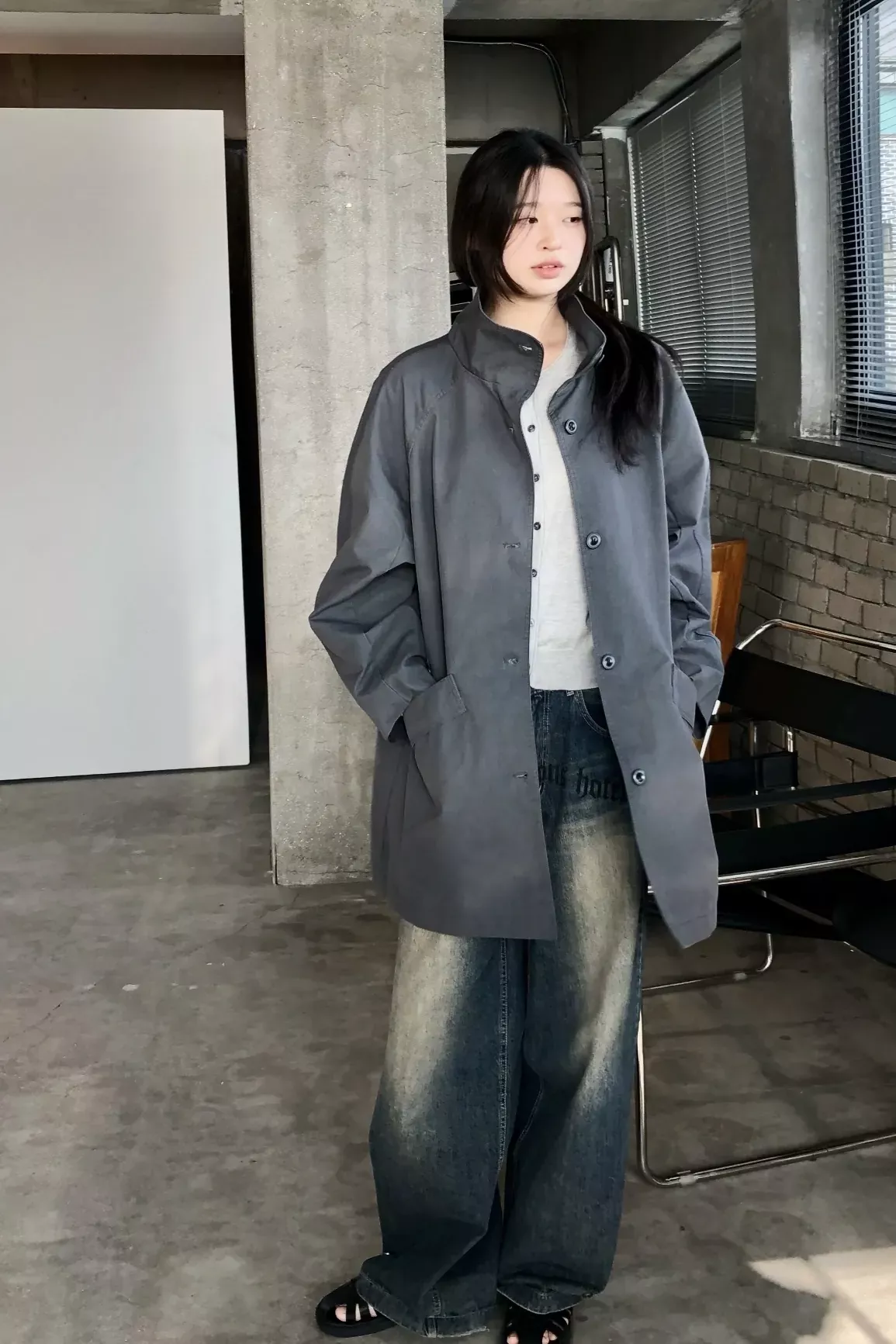 더로우 스탠드칼라 A라인 여성용 하프 코트 상세 이미지 79