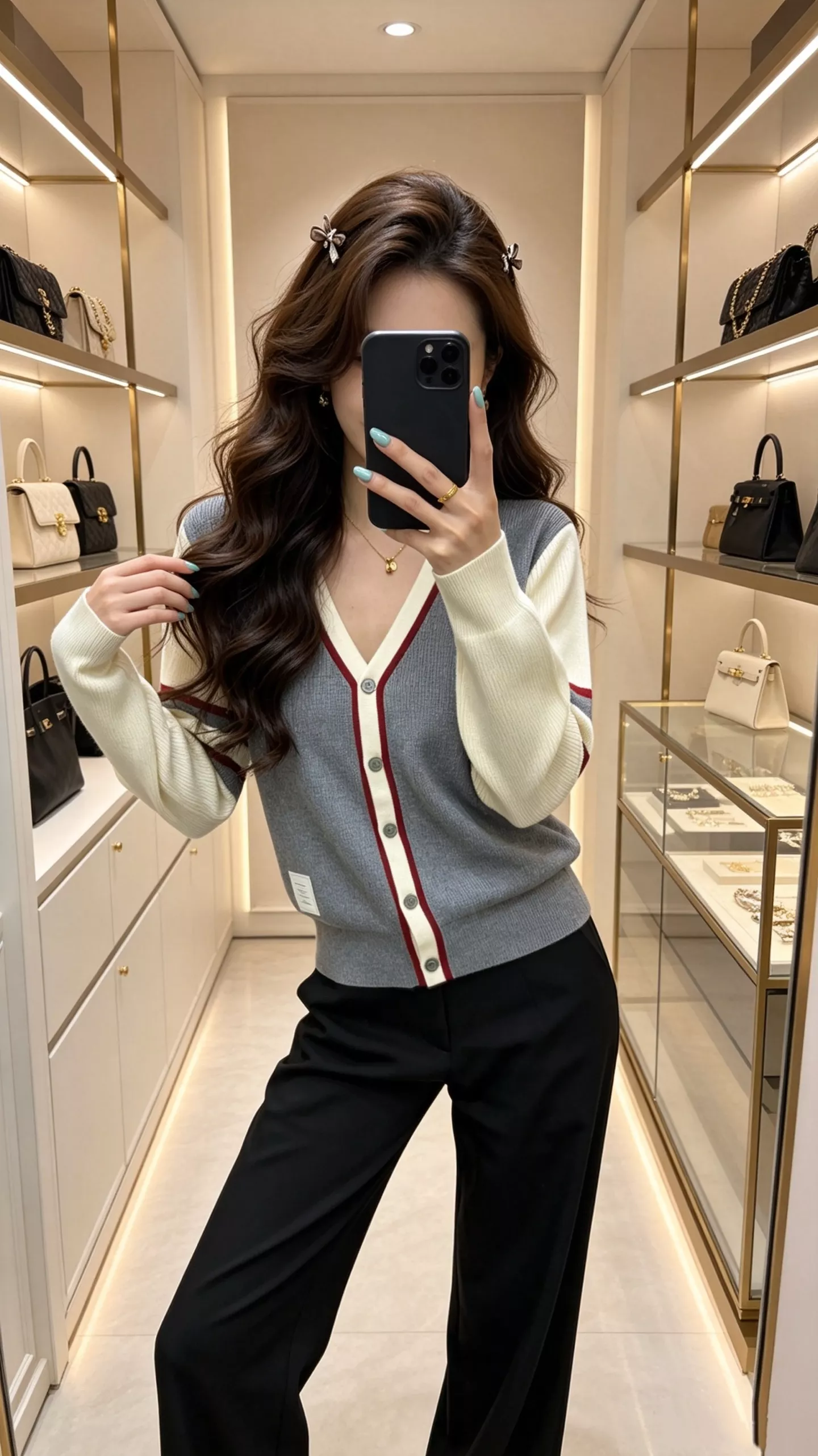 톰브라운 배색 브이넥 니트 여성용 긴소매 가디건 상세 이미지 11