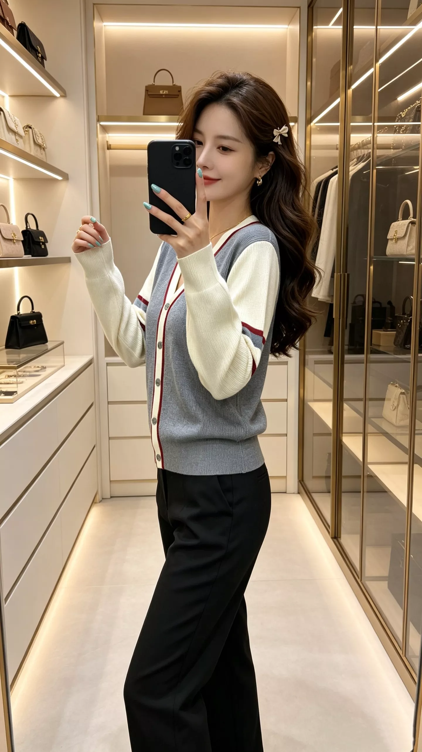 톰브라운 배색 브이넥 니트 여성용 긴소매 가디건 상세 이미지 12