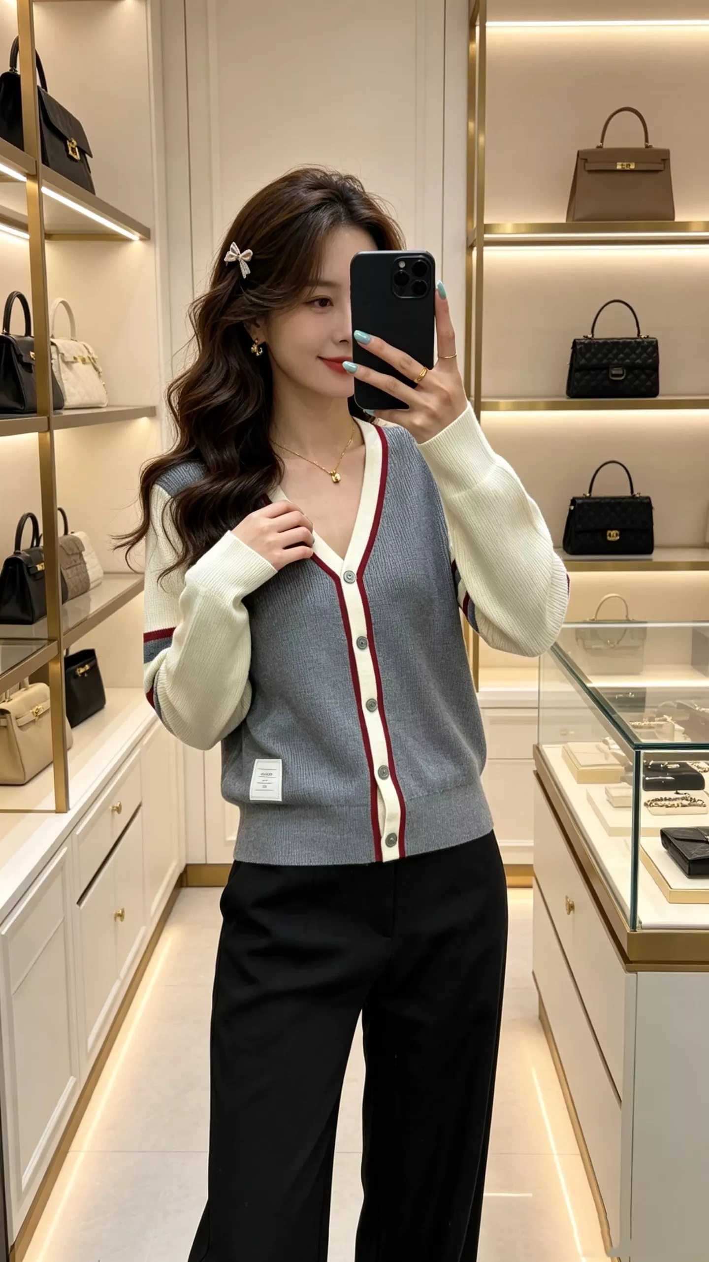 톰브라운 배색 브이넥 니트 여성용 긴소매 가디건 상세 이미지 14
