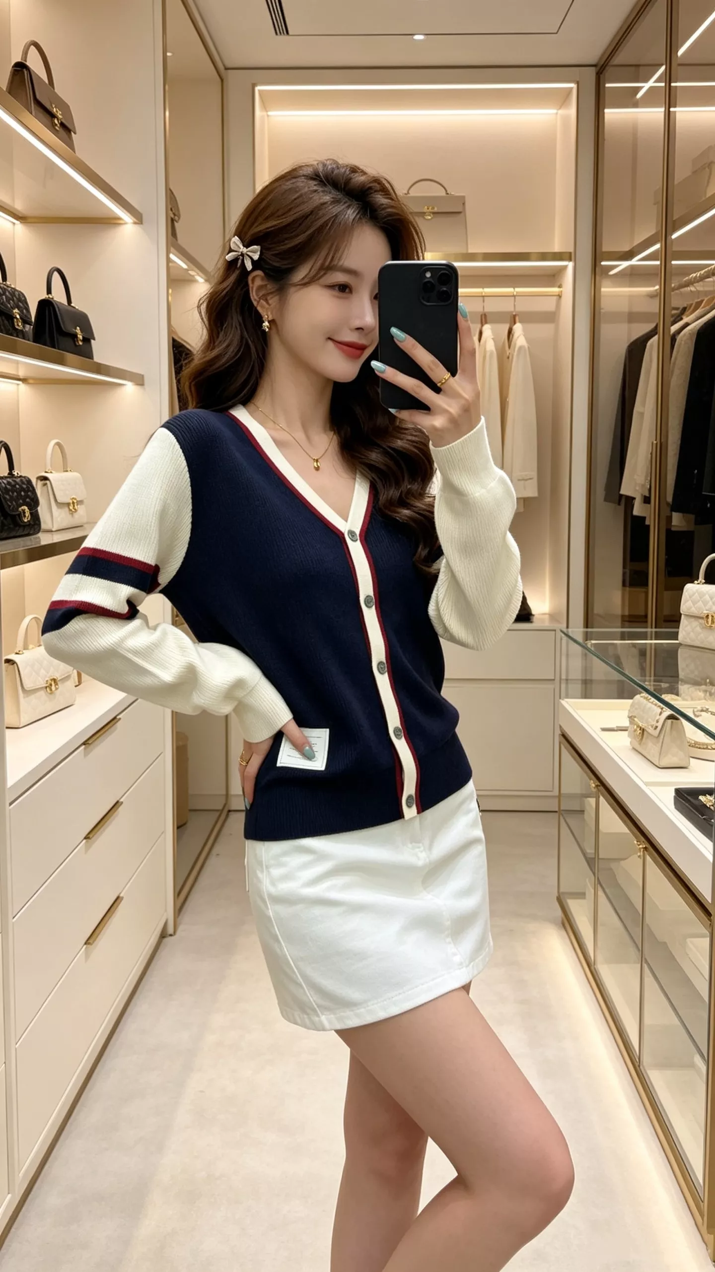 톰브라운 배색 브이넥 니트 여성용 긴소매 가디건 상세 이미지 15