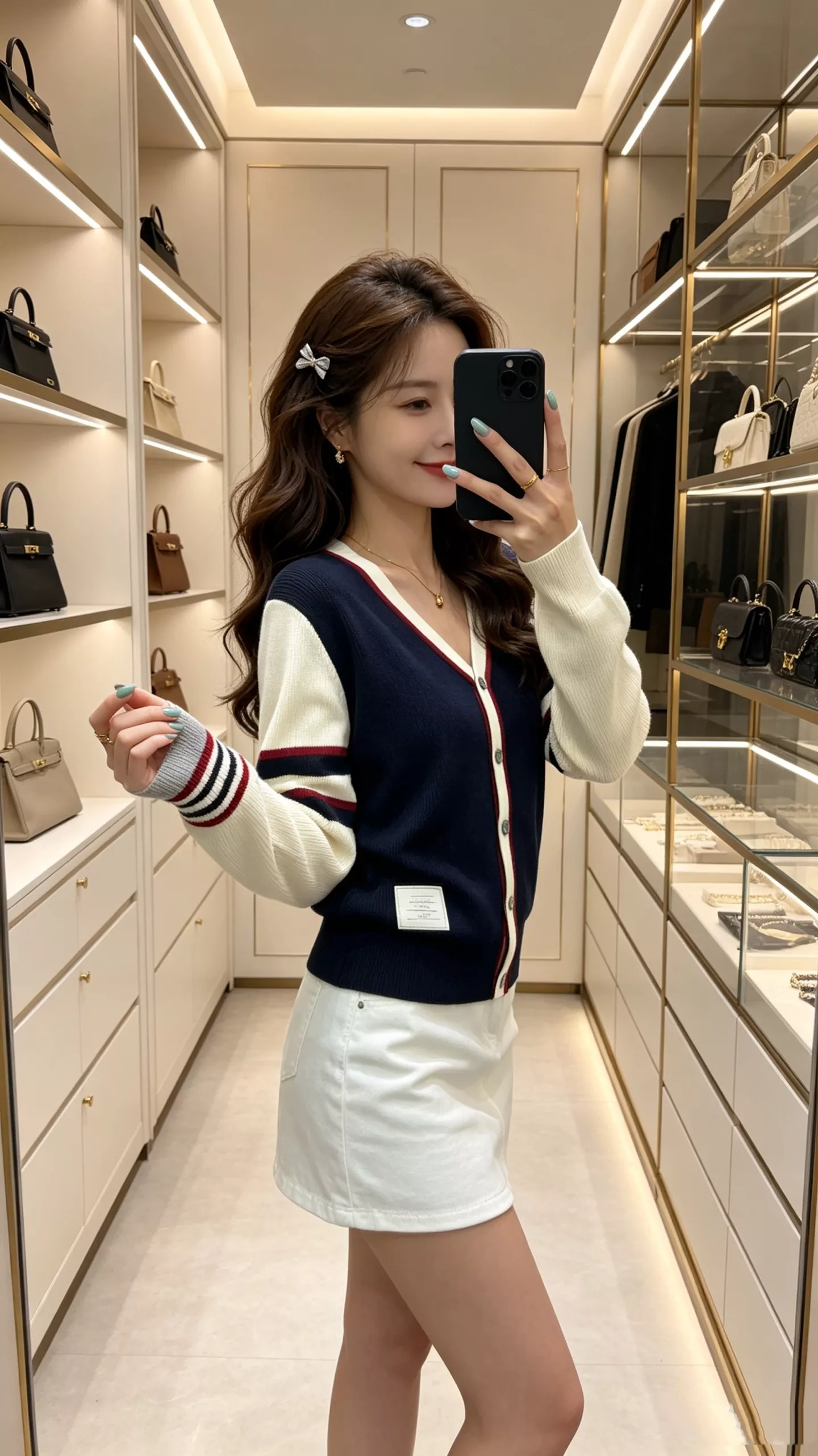 톰브라운 배색 브이넥 니트 여성용 긴소매 가디건 상세 이미지 17