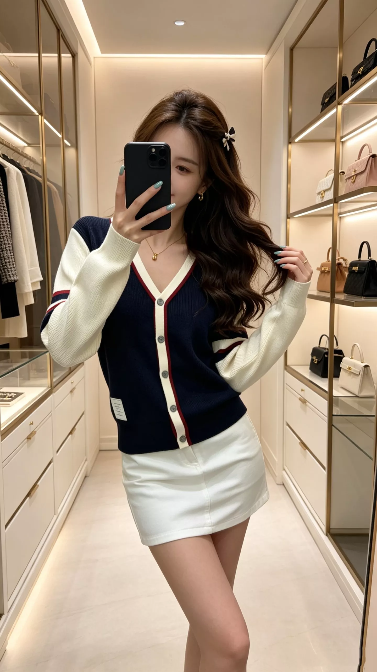 톰브라운 배색 브이넥 니트 여성용 긴소매 가디건 상세 이미지 18