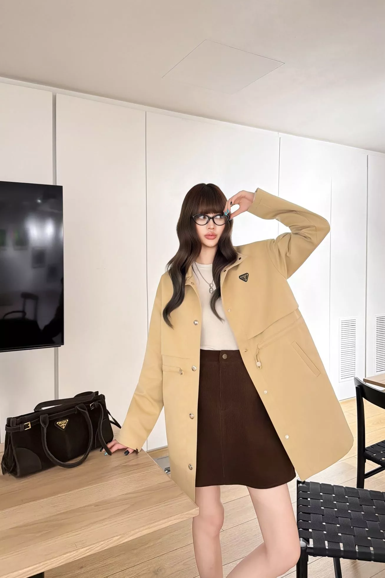 프라다 카키 스탠드칼라 여성용 하프 코트 상세 이미지 12