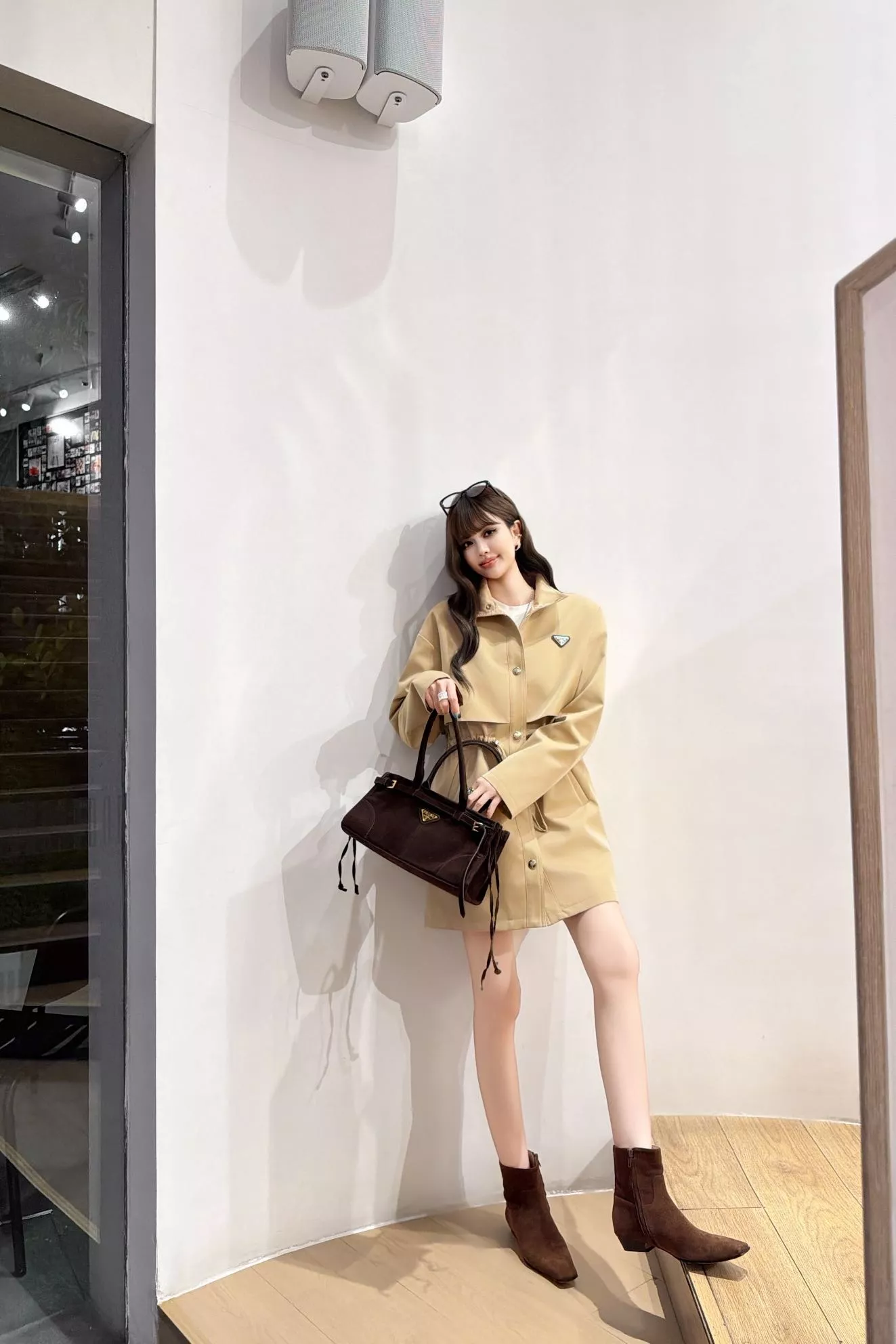 프라다 카키 스탠드칼라 여성용 하프 코트 상세 이미지 17