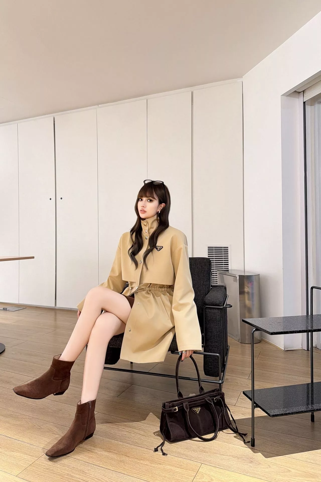 프라다 카키 스탠드칼라 여성용 하프 코트 상세 이미지 18