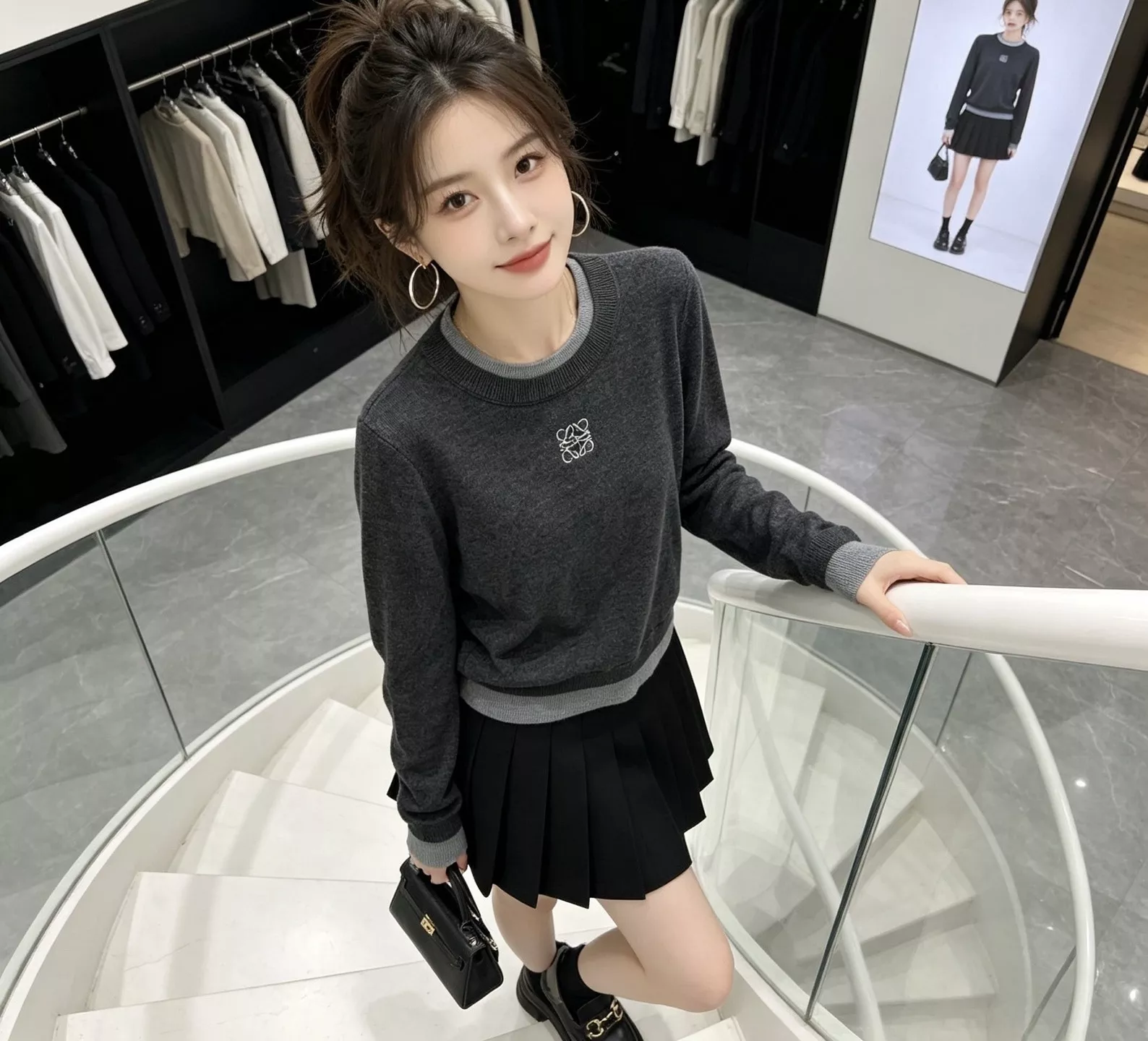 로에베 배색 레이어드 여성용 긴소매 니트 상세 이미지 19