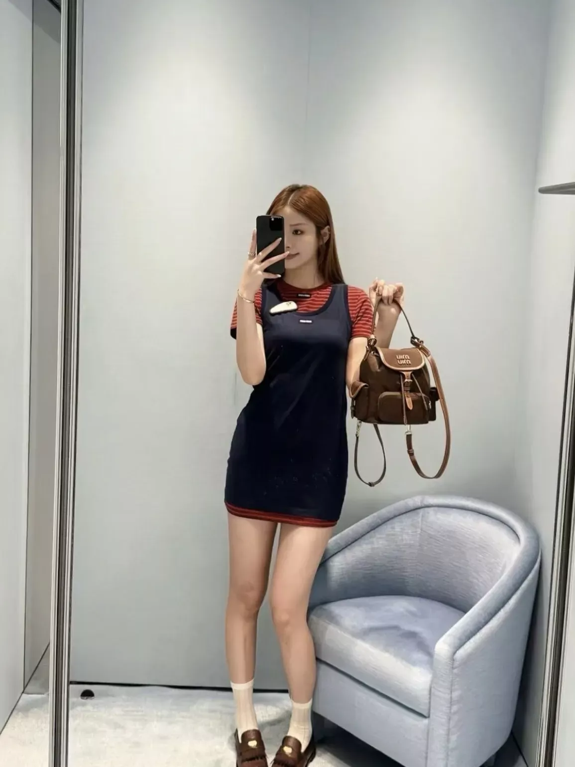미우미우 스트라이프 레이어드 여성용 원피스 상세 이미지 13