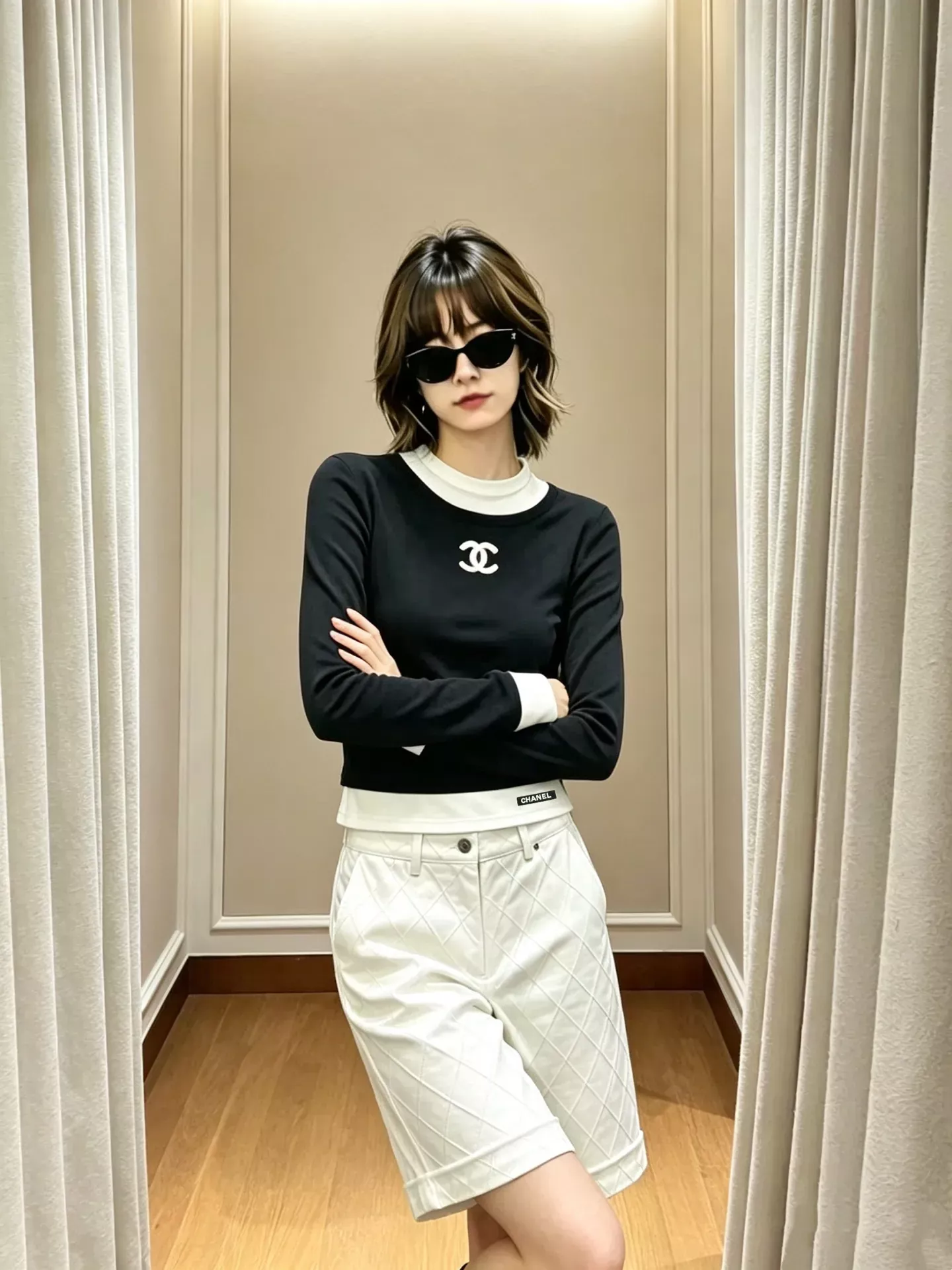 샤넬 배색 코튼 혼방 여성용 긴소매 티셔츠 상세 이미지 10