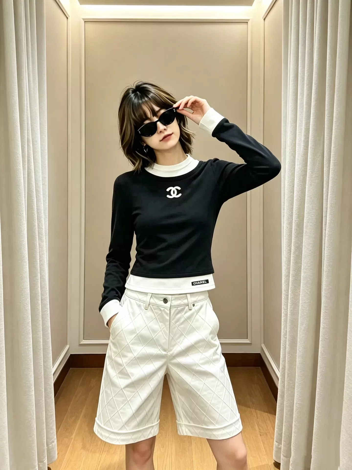 샤넬 배색 코튼 혼방 여성용 긴소매 티셔츠 상세 이미지 12